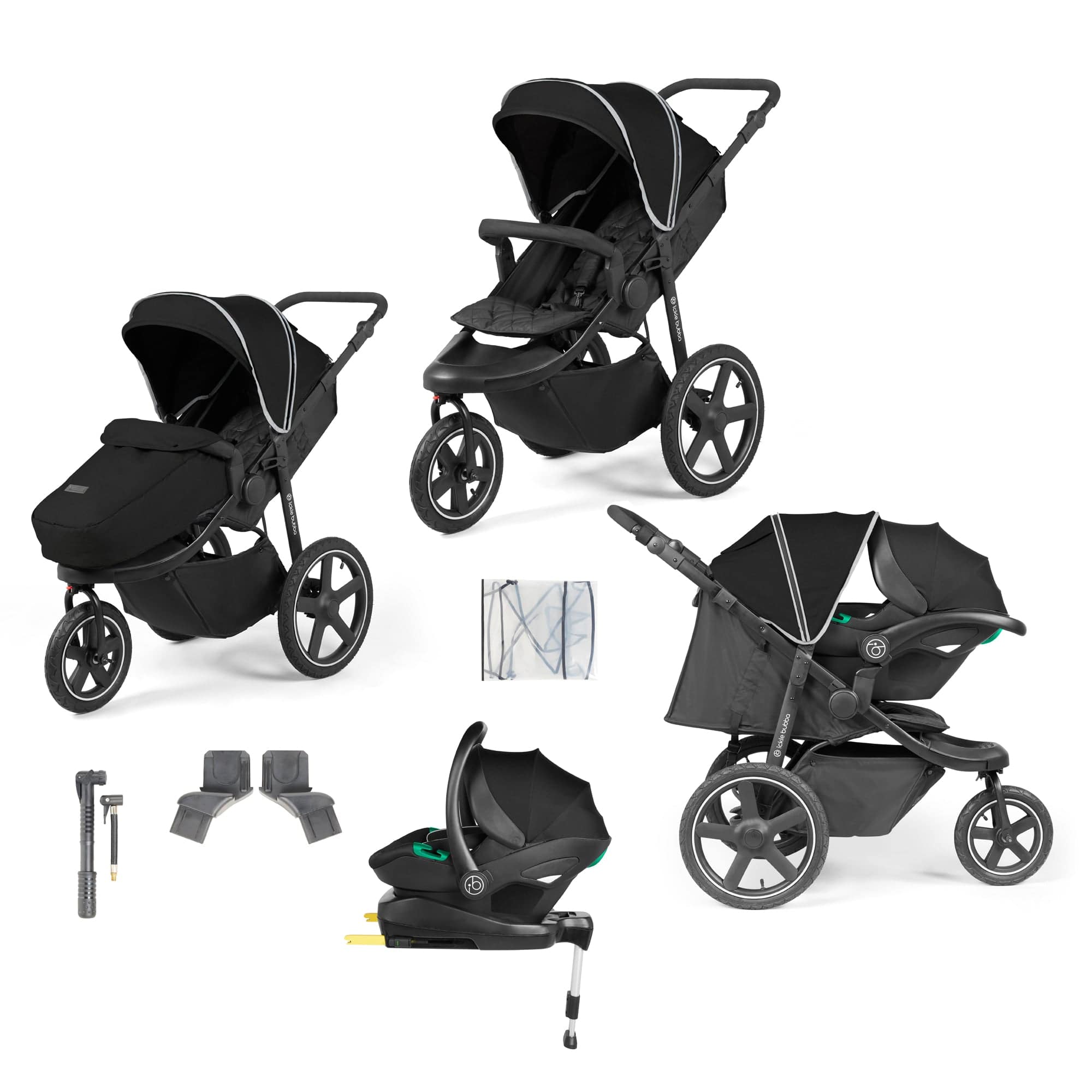Ickle Bubba 3 wheel pushchairs Ickle Bubba Venus Max Jogger Stroller I-Size Travel System - Black/Black with Isofix Base 13-004-500-001