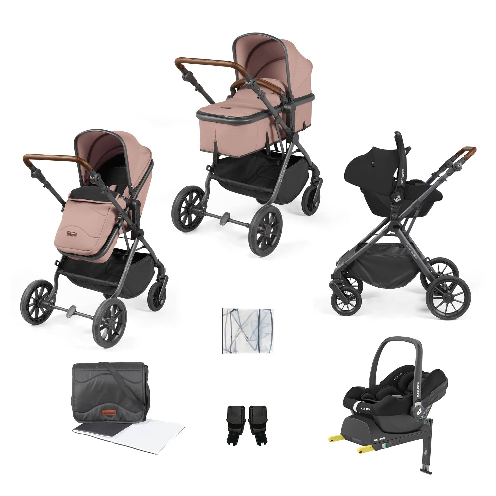 Ickle Bubba travel systems Ickle Bubba Cosmo 9-Piece Travel System with Maxi-Cosi Cabriofix Car Seat & Isofix Base - Gunmetal / Desert / Tan 10-007-360-136