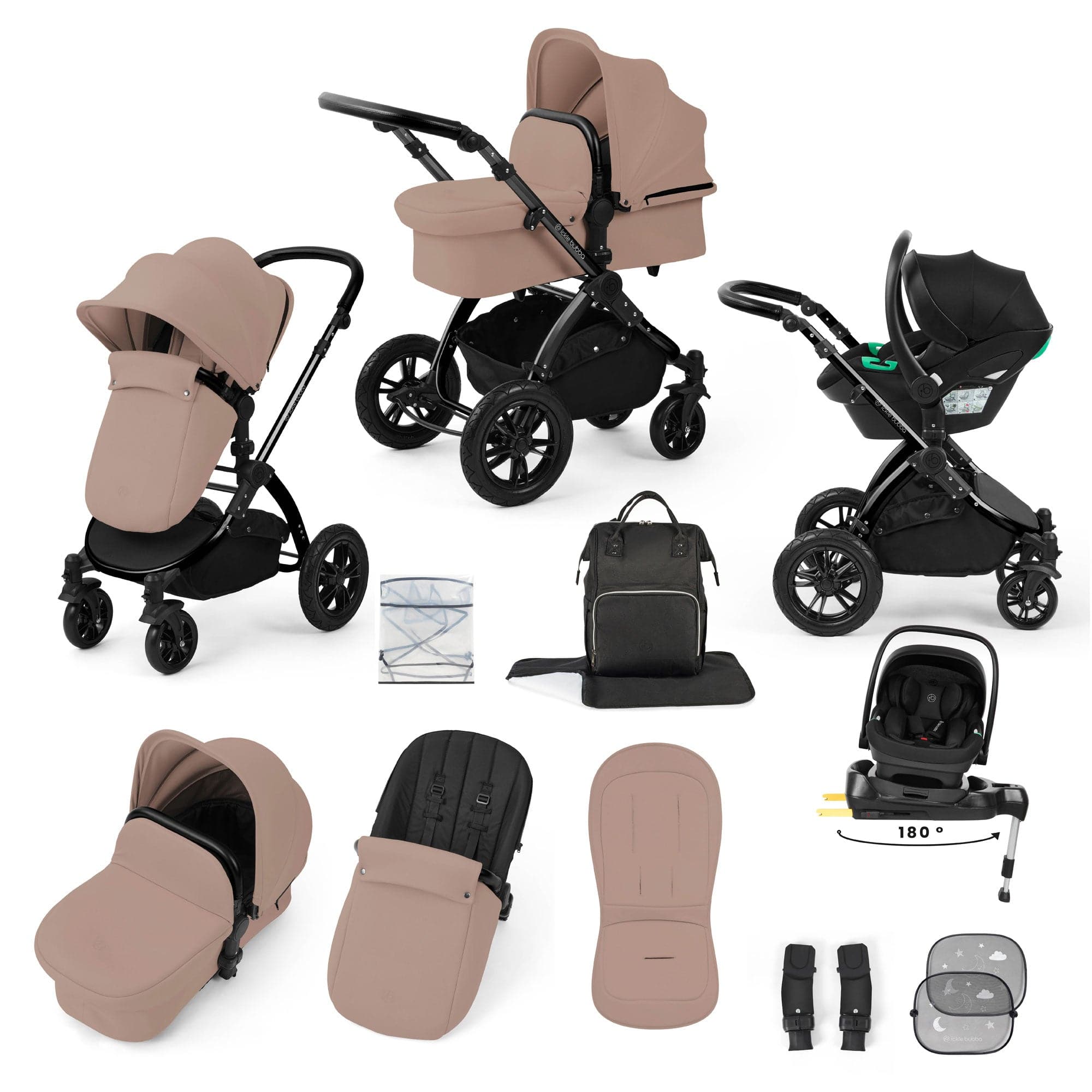 Ickle Bubba travel systems Ickle Bubba Stomp Luxe 12 Piece Travel System with i-Size Nimbus Car Seat & Spin Isofix Base - Desert