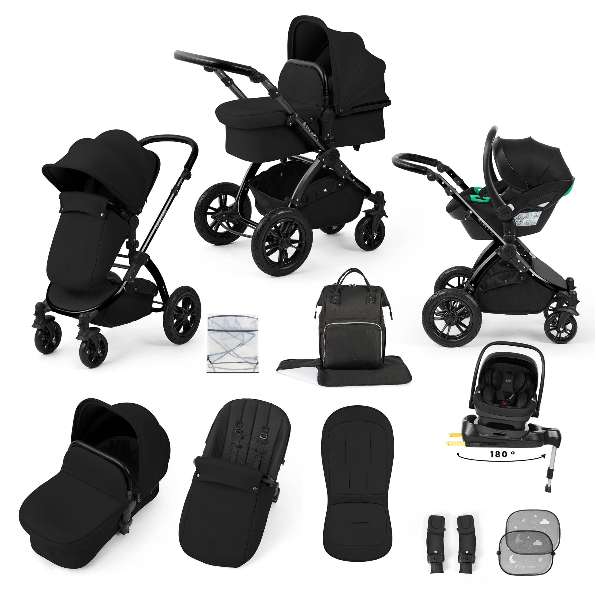 Ickle Bubba travel systems Ickle Bubba Stomp Luxe 12 Piece Travel System with i-Size Nimbus Car Seat & Spin Isofix Base - Midnight 10-011-330-202