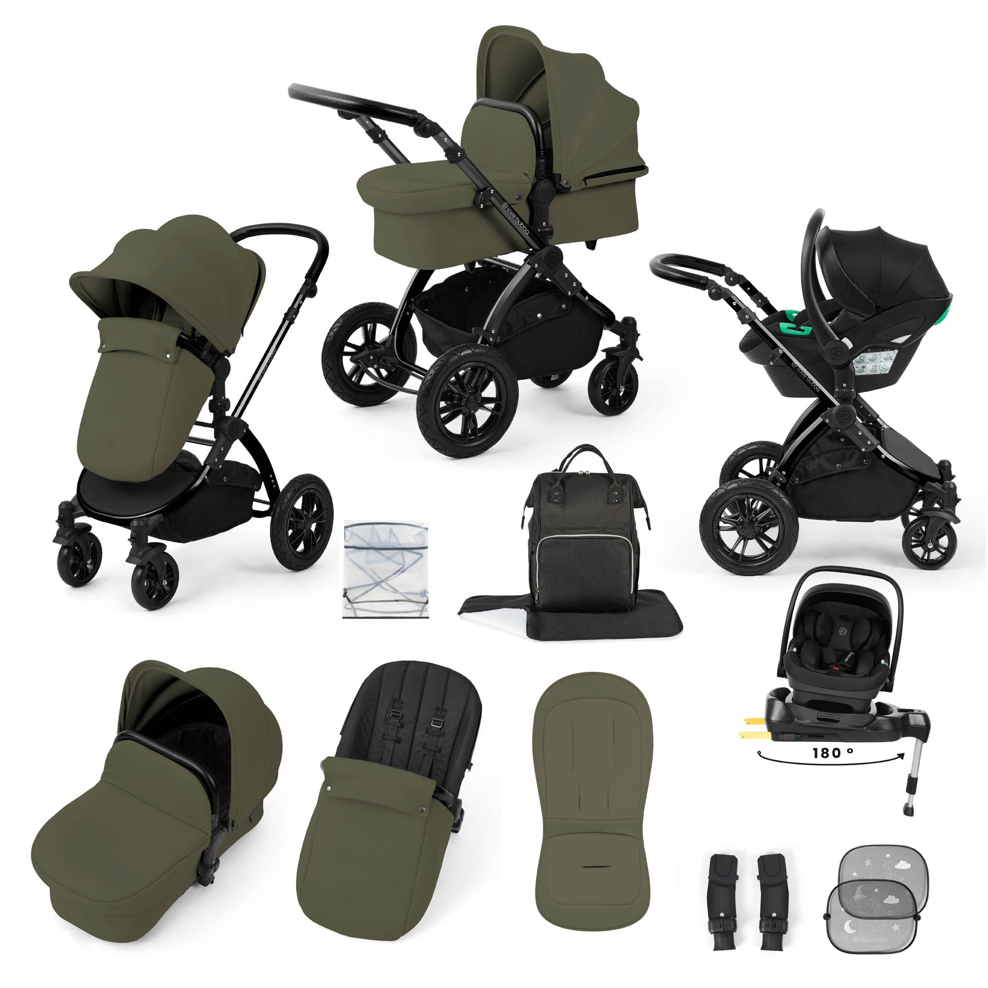 Ickle Bubba travel systems Ickle Bubba Stomp Luxe 12 Piece Travel System with i-Size Nimbus Car Seat & Spin Isofix Base - Woodland 10-011-330-138