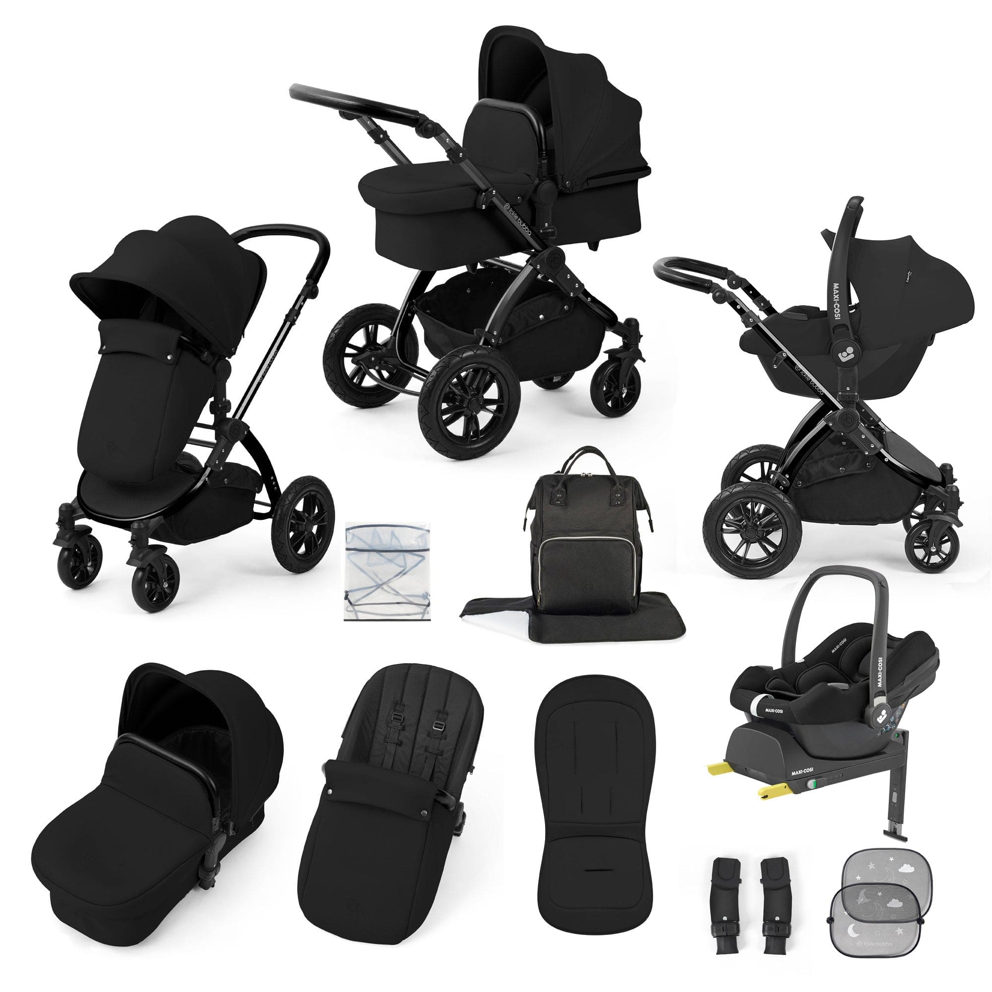 Ickle Bubba travel systems Ickle Bubba Stomp Luxe 12 Piece Travel System with Maxi-Cosi Cabriofix i-Size Car Seat & Isofix Base - Midnight 10-011-360-202