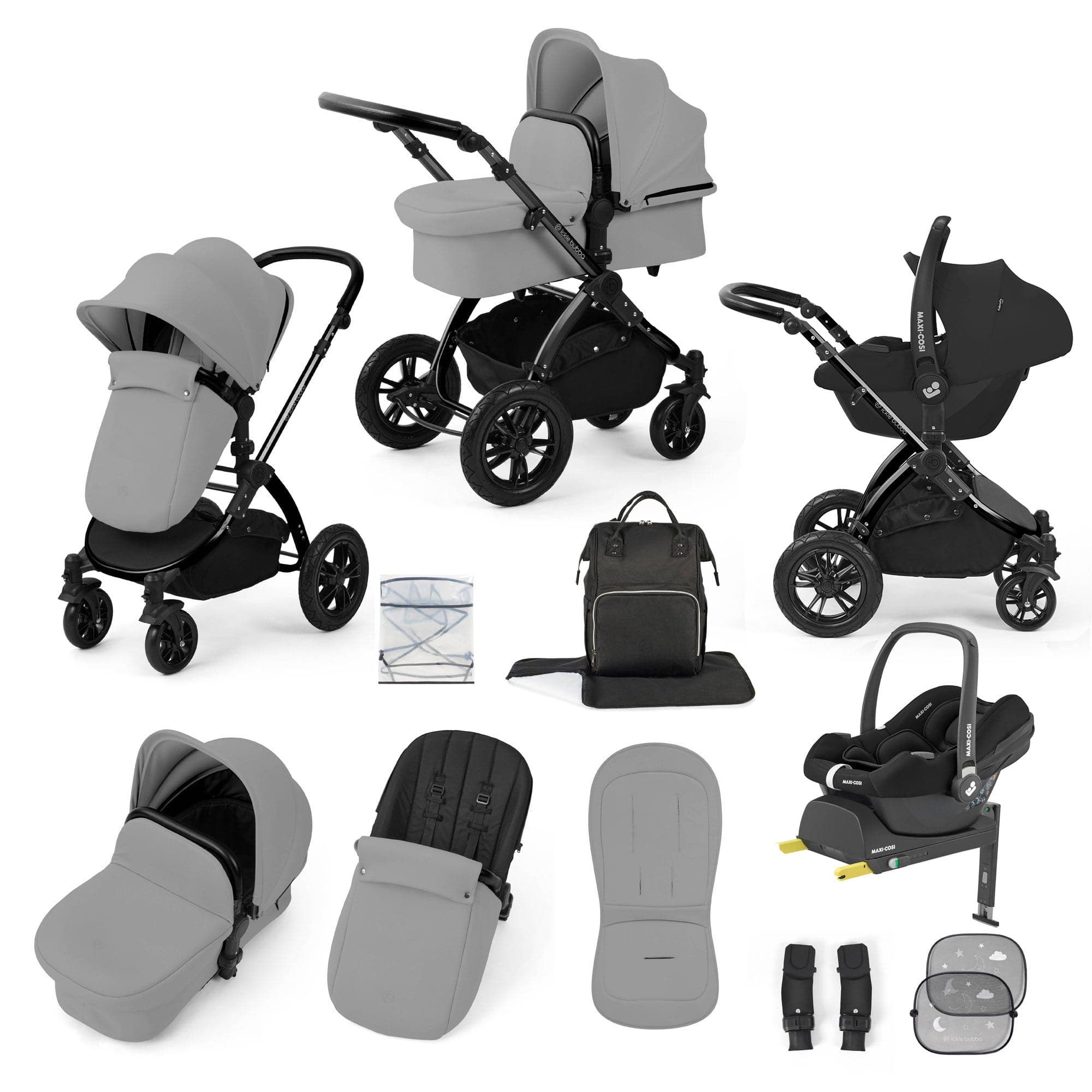 Ickle Bubba travel systems Ickle Bubba Stomp Luxe 12 Piece Travel System with Maxi-Cosi Cabriofix i-Size Car Seat & Isofix Base - Pearl Grey 10-011-360-210