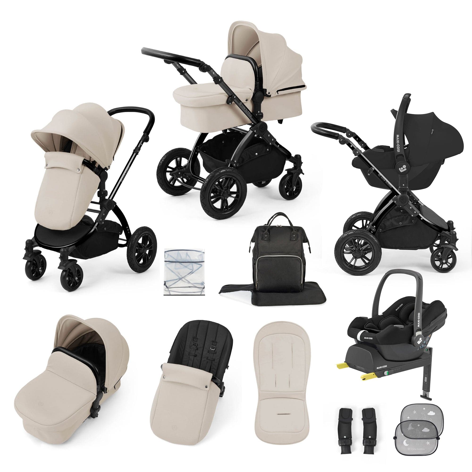 Ickle Bubba travel systems Ickle Bubba Stomp Luxe 12 Piece Travel System with Maxi-Cosi Cabriofix i-Size Car Seat & Isofix Base - Stone 10-011-360-163