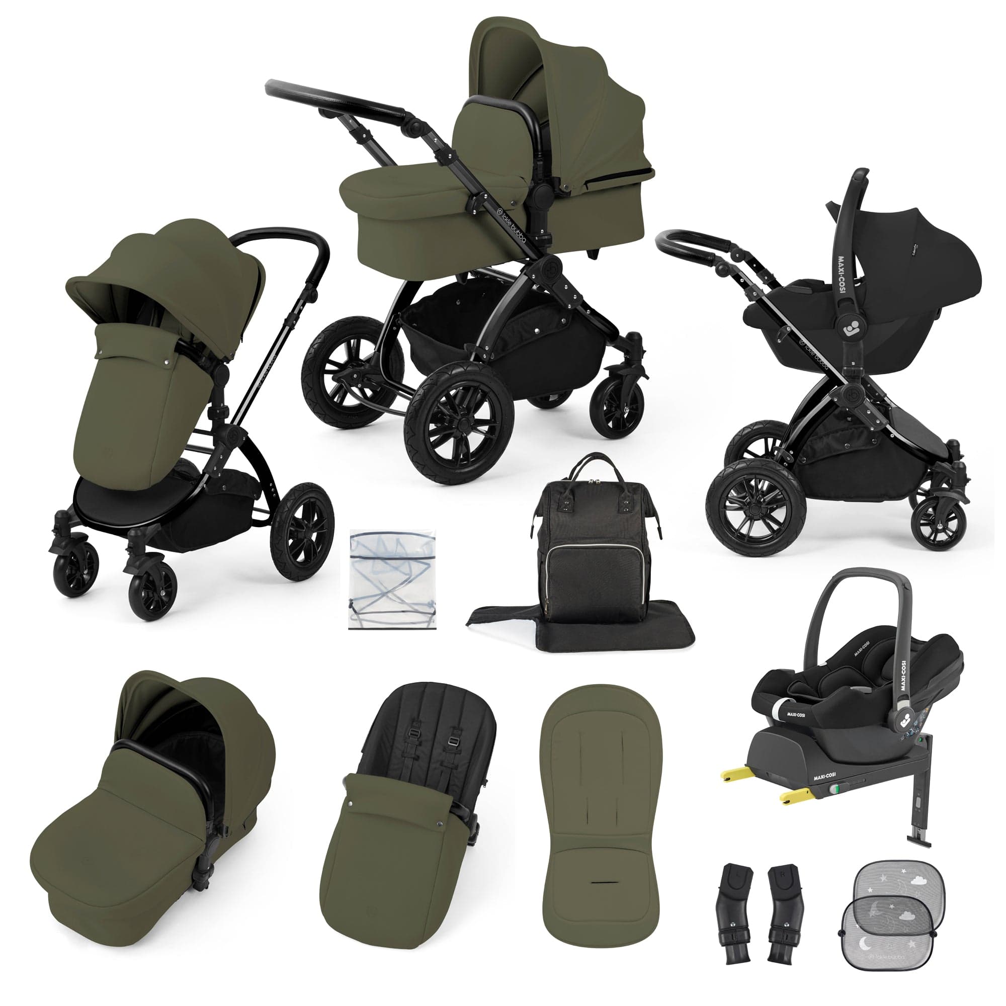 Ickle Bubba travel systems Ickle Bubba Stomp Luxe 12 Piece Travel System with Maxi-Cosi Cabriofix i-Size Car Seat & Isofix Base - Woodland 10-011-360-138