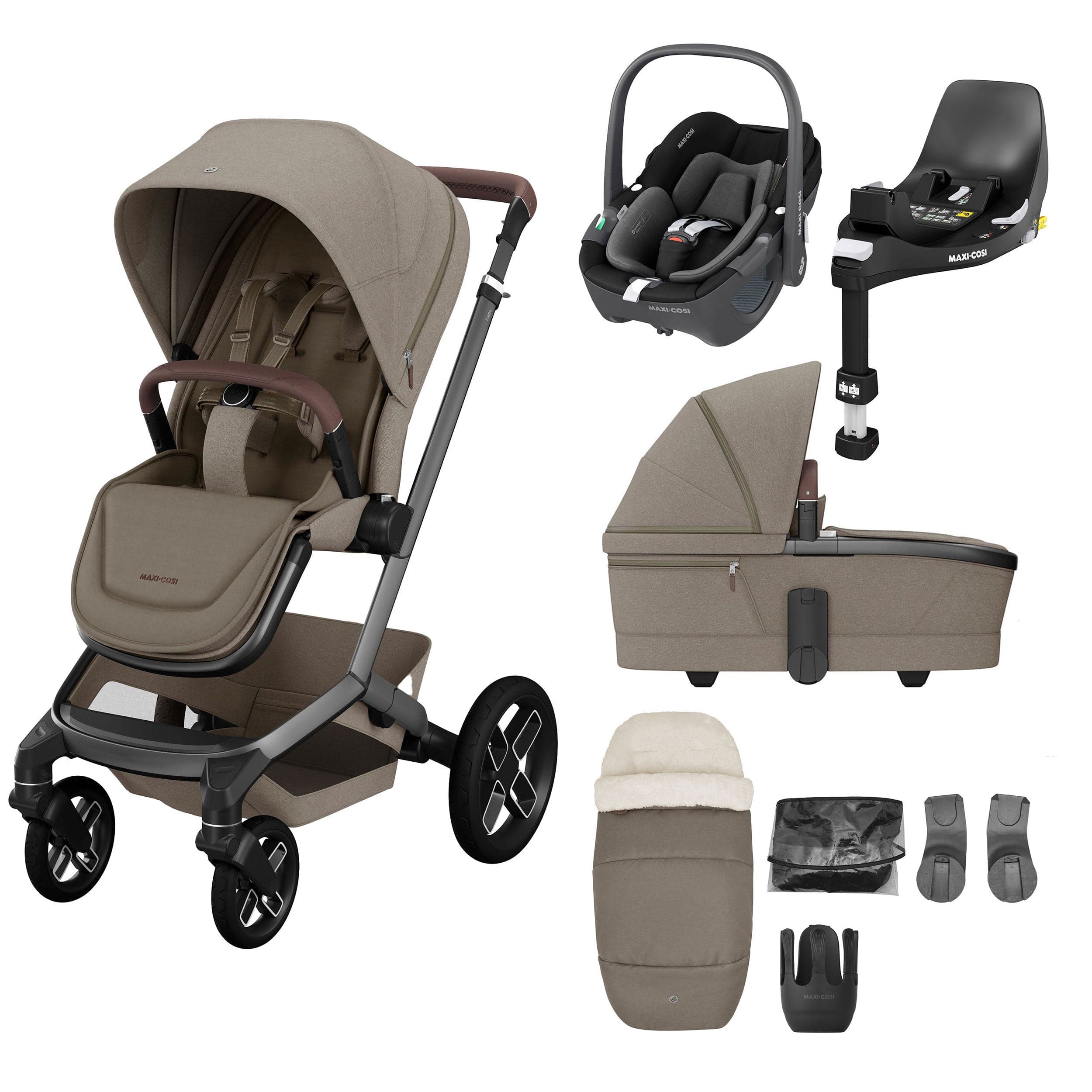 Maxi-Cosi travel systems Maxi-Cosi FAME 8 Piece Complete Travel System in Twillic Truffle (Black Wheels) KF68800000