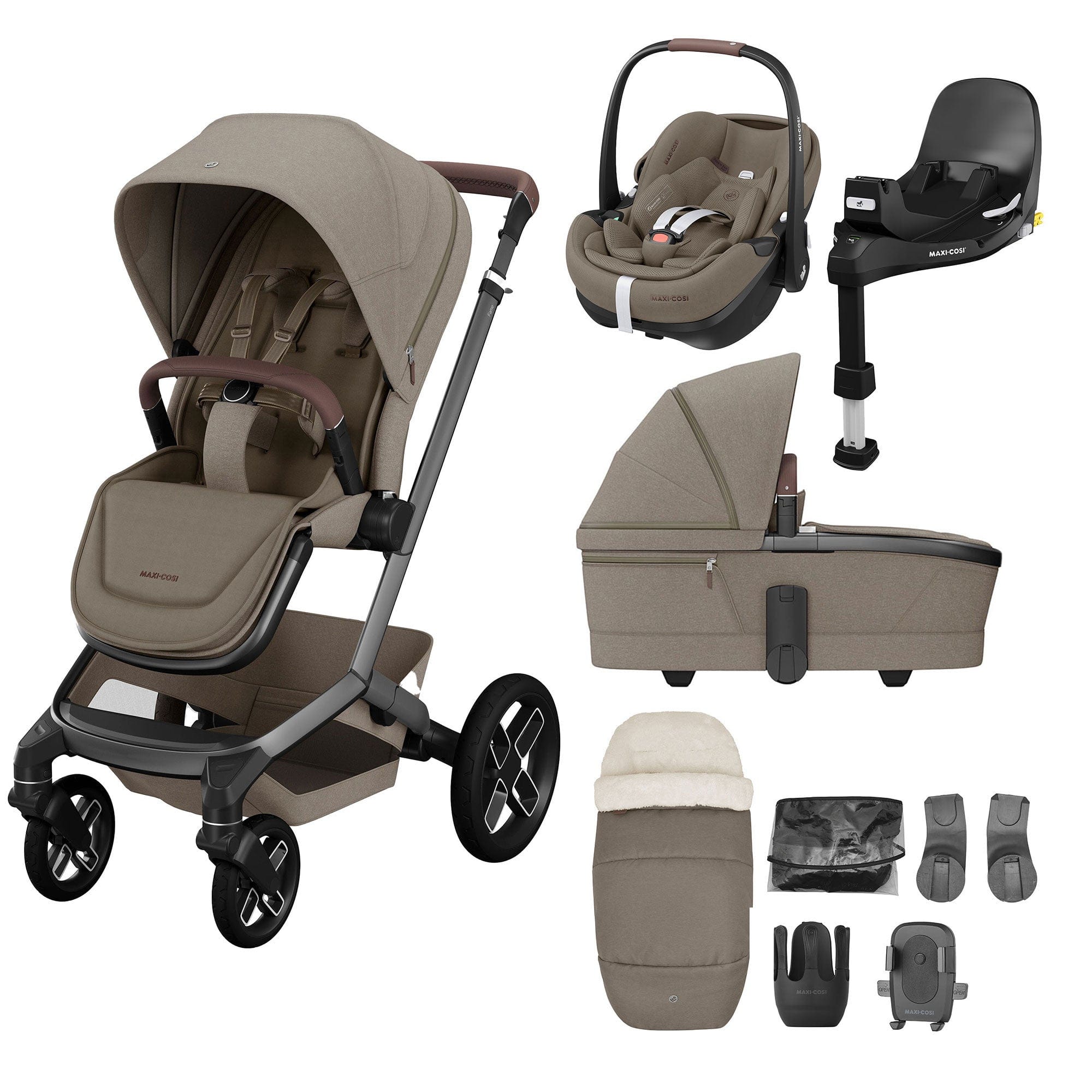 Maxi-Cosi travel systems Maxi-Cosi FAME 9 Piece Premium Travel System in Twillic Truffle (Black Wheels) KF64100000