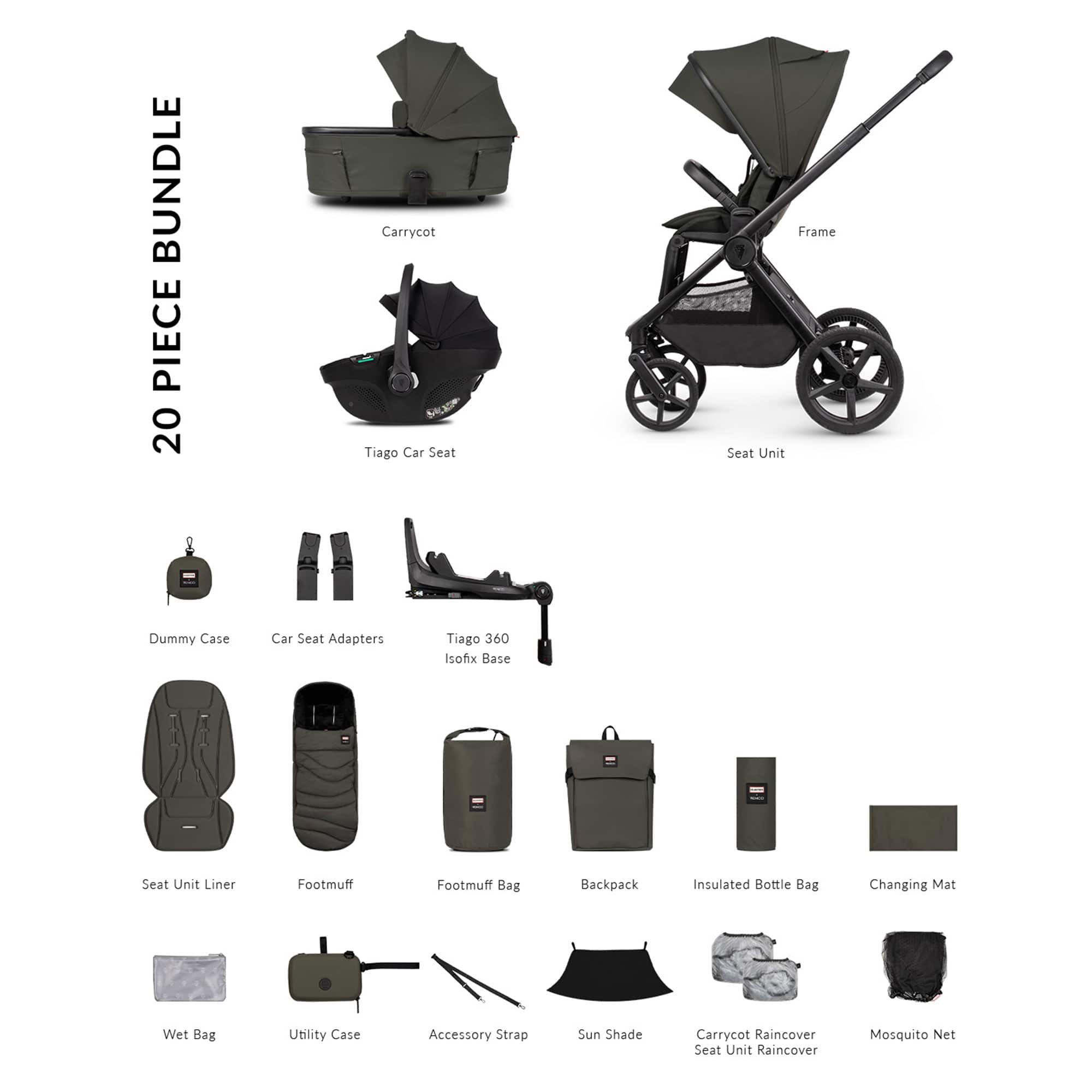 Venicci travel systems Venicci Tinum Upline 3 Hunter Luxury Bundle - Dark Olive 2001510413