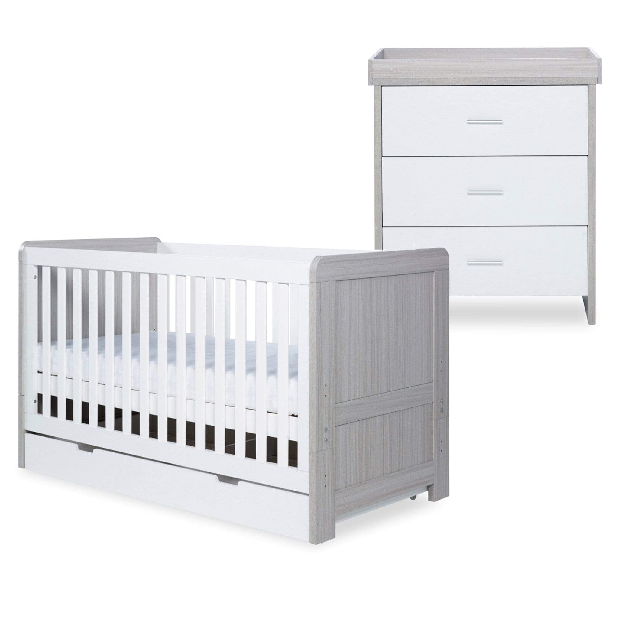 Ickle Bubba cot bed room sets Ickle Bubba Pembrey Cotbed, Under Drawer & Changing Unit Ash Grey & White