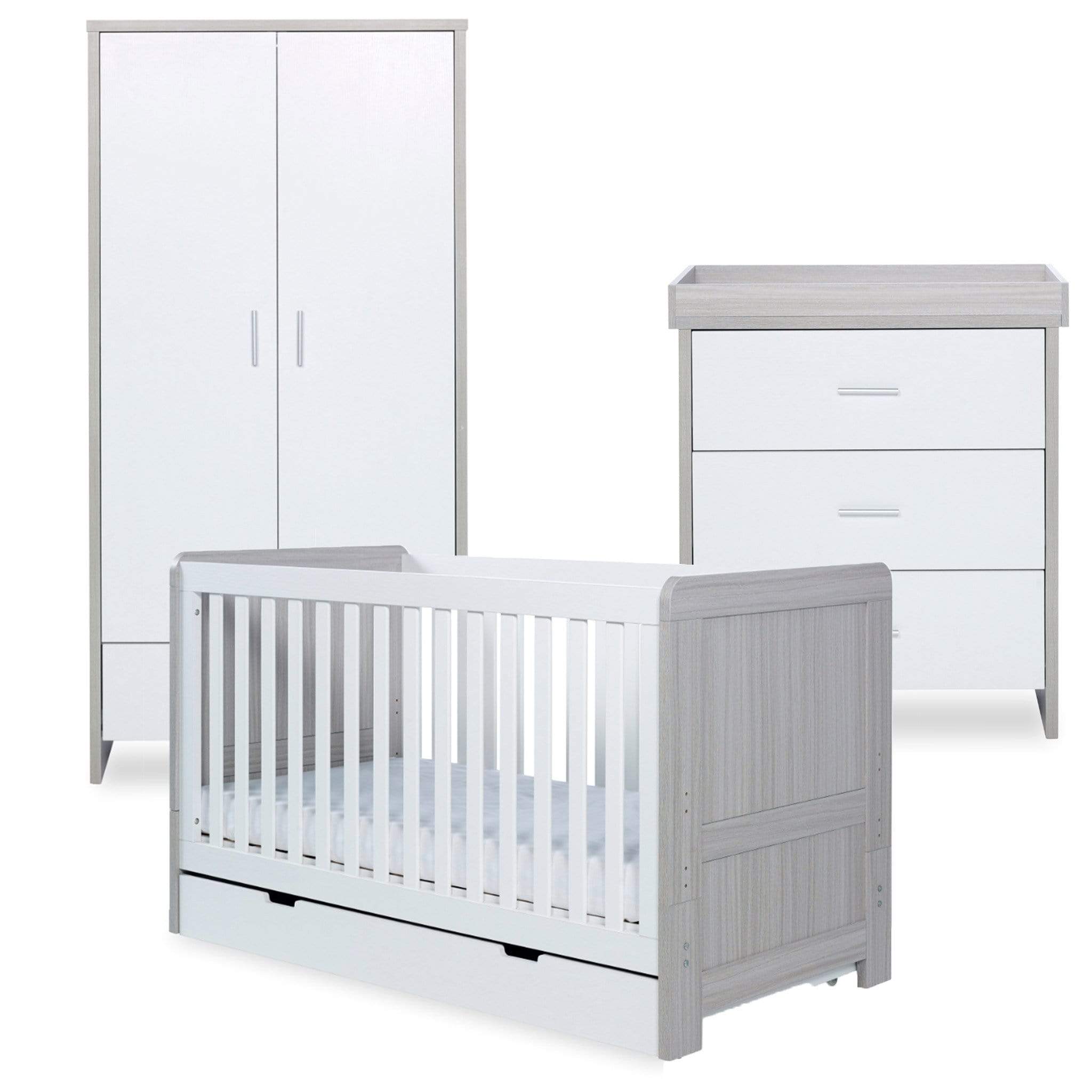 Ickle Bubba cot bed room sets Ickle Bubba Pembrey 3 Piece Nursery Room Set & Under Drawer Ash Grey & White