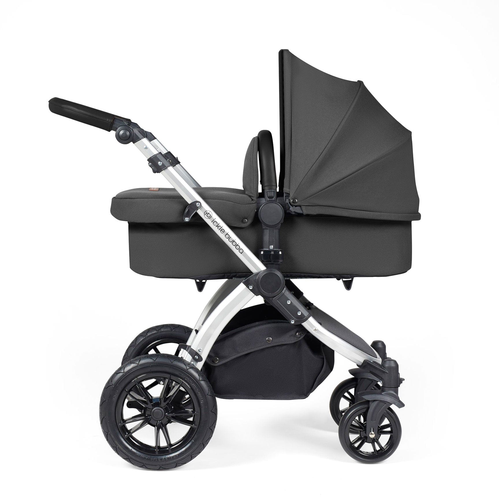 Ickle Bubba travel systems Ickle Bubba Stomp Luxe 2 in 1 Plus Pushchair & Carrycot - Silver/Charcoal Grey/Black 10-003-001-254