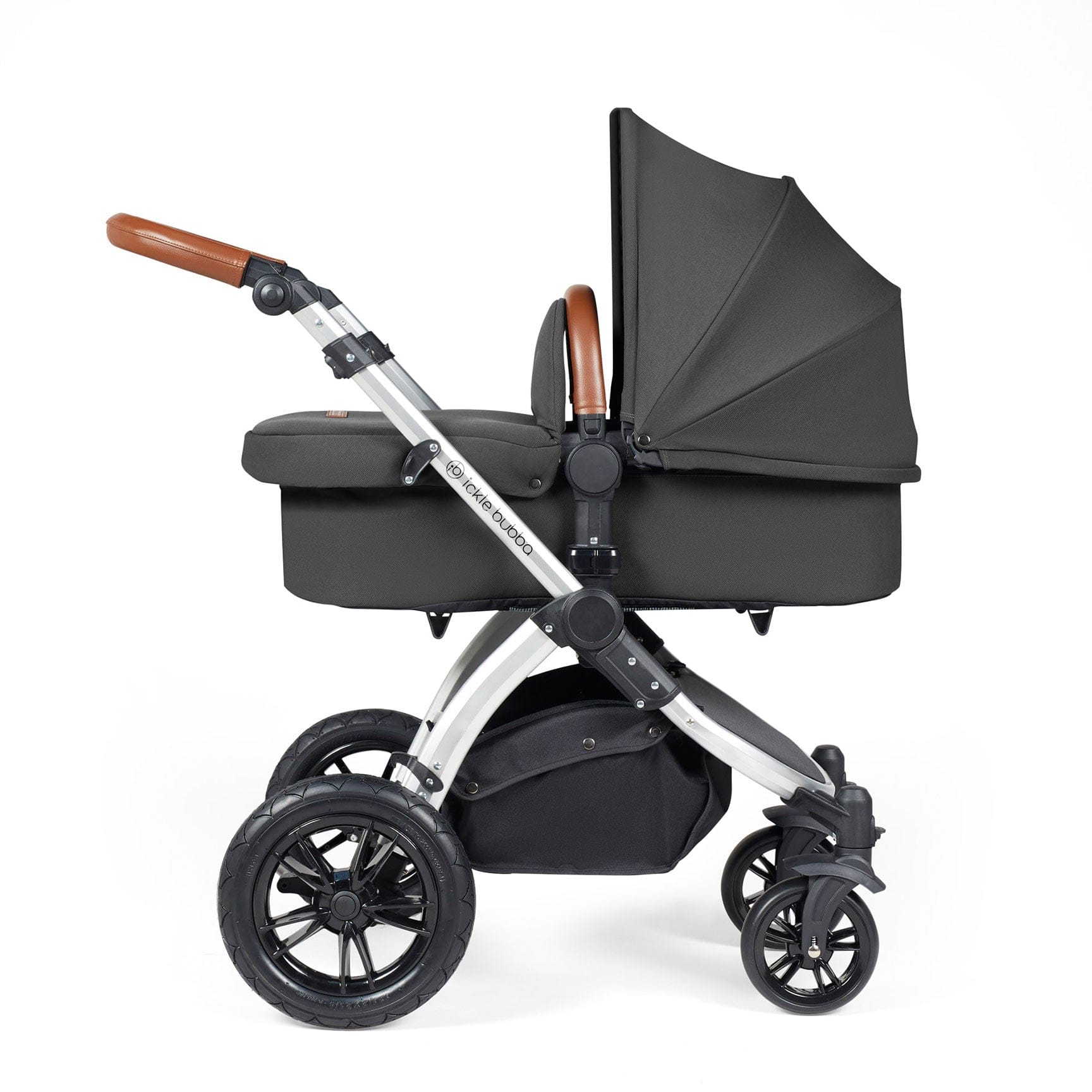 Ickle Bubba travel systems Ickle Bubba Stomp Luxe 2 in 1 Plus Pushchair & Carrycot - Silver/Charcoal Grey/Tan 10-003-001-255