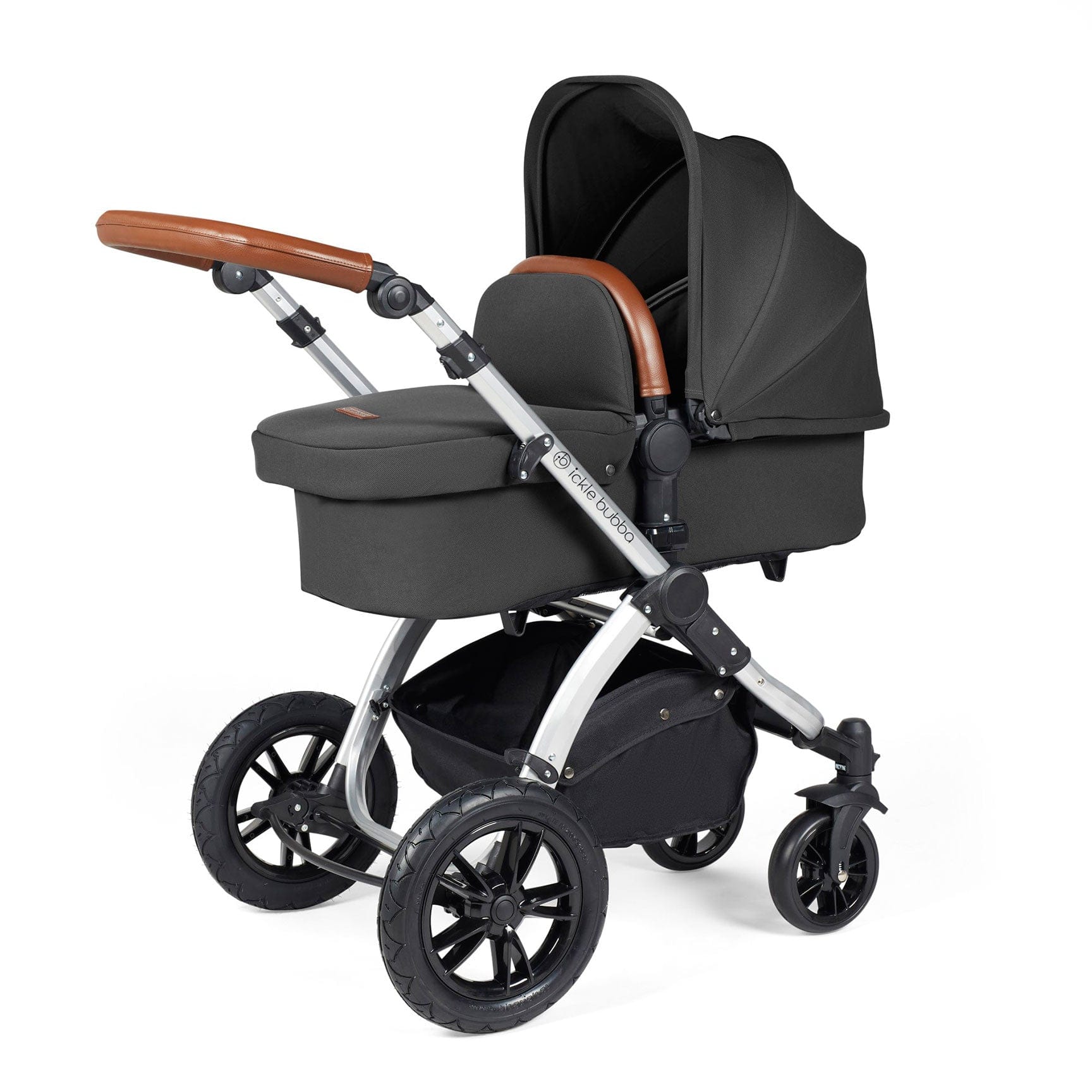 Ickle Bubba travel systems Ickle Bubba Stomp Luxe 2 in 1 Plus Pushchair & Carrycot - Silver/Charcoal Grey/Tan 10-003-001-255