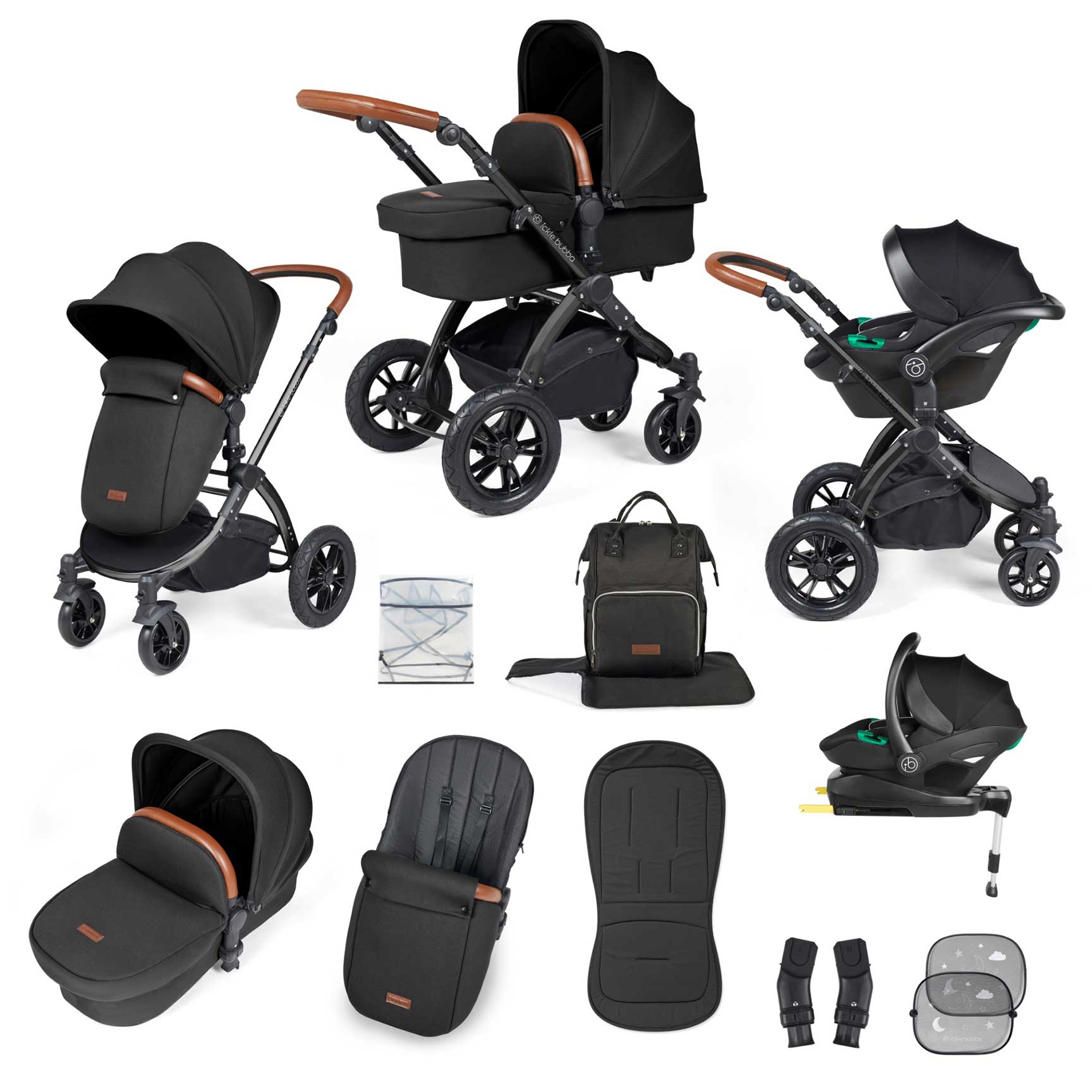 Ickle Bubba travel systems Ickle Bubba Stomp Luxe All-in-One Travel System with Isofix Base - Black/Midnight/Tan 10-011-300-203