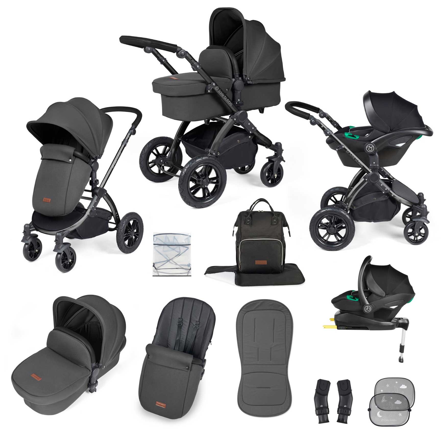 Ickle Bubba travel systems Ickle Bubba Stomp Luxe All-in-One Travel System with Isofix Base - Black/Charcoal Grey/Black 10-011-300-206