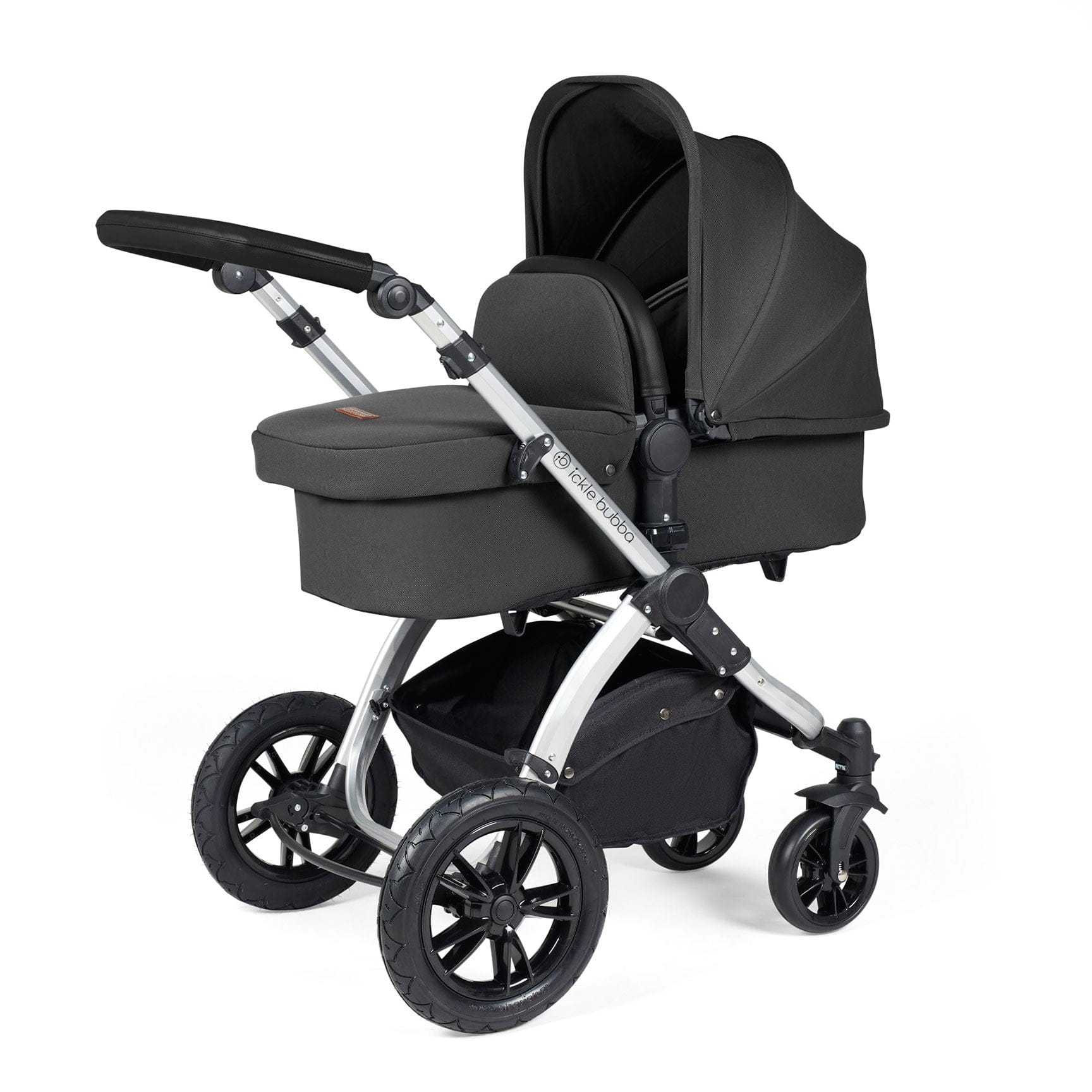 Ickle Bubba travel systems Ickle Bubba Stomp Luxe All-in-One Travel System with Isofix Base - Silver/Charcoal Grey/Black 10-011-300-254