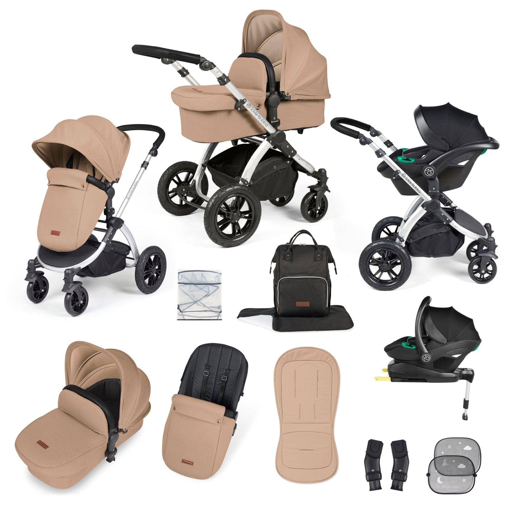 Ickle Bubba travel systems Ickle Bubba Stomp Luxe All-in-One Travel System with Isofix Base - Silver/Desert/Black 10-011-300-257