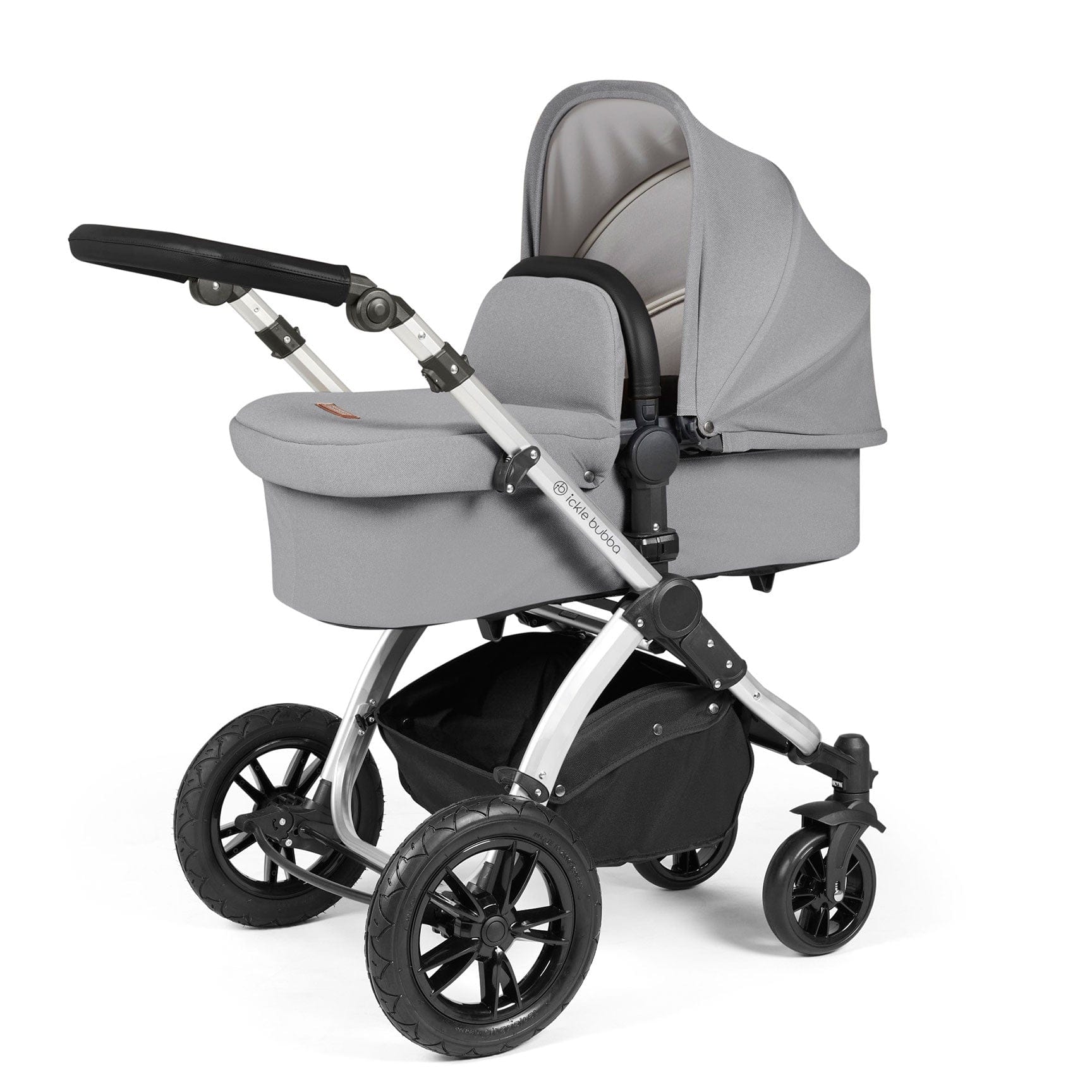 Ickle Bubba travel systems Ickle Bubba Stomp Luxe All-in-One Travel System with Isofix Base - Silver/Pearl Grey/Black 10-011-300-259