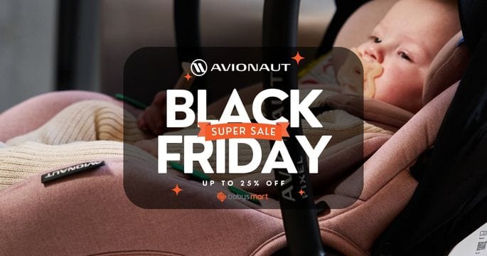 Baby in a car seat with Avionaut Black Friday sale banner overlay