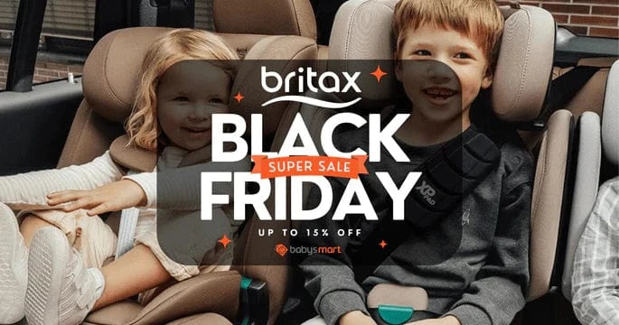 Two children in car seats with a Britax Black Friday sale banner.