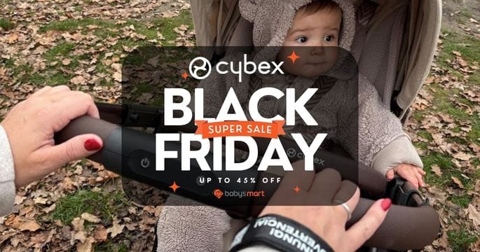 Person holding a Cybex stroller with a Black Friday sale banner in the foreground.