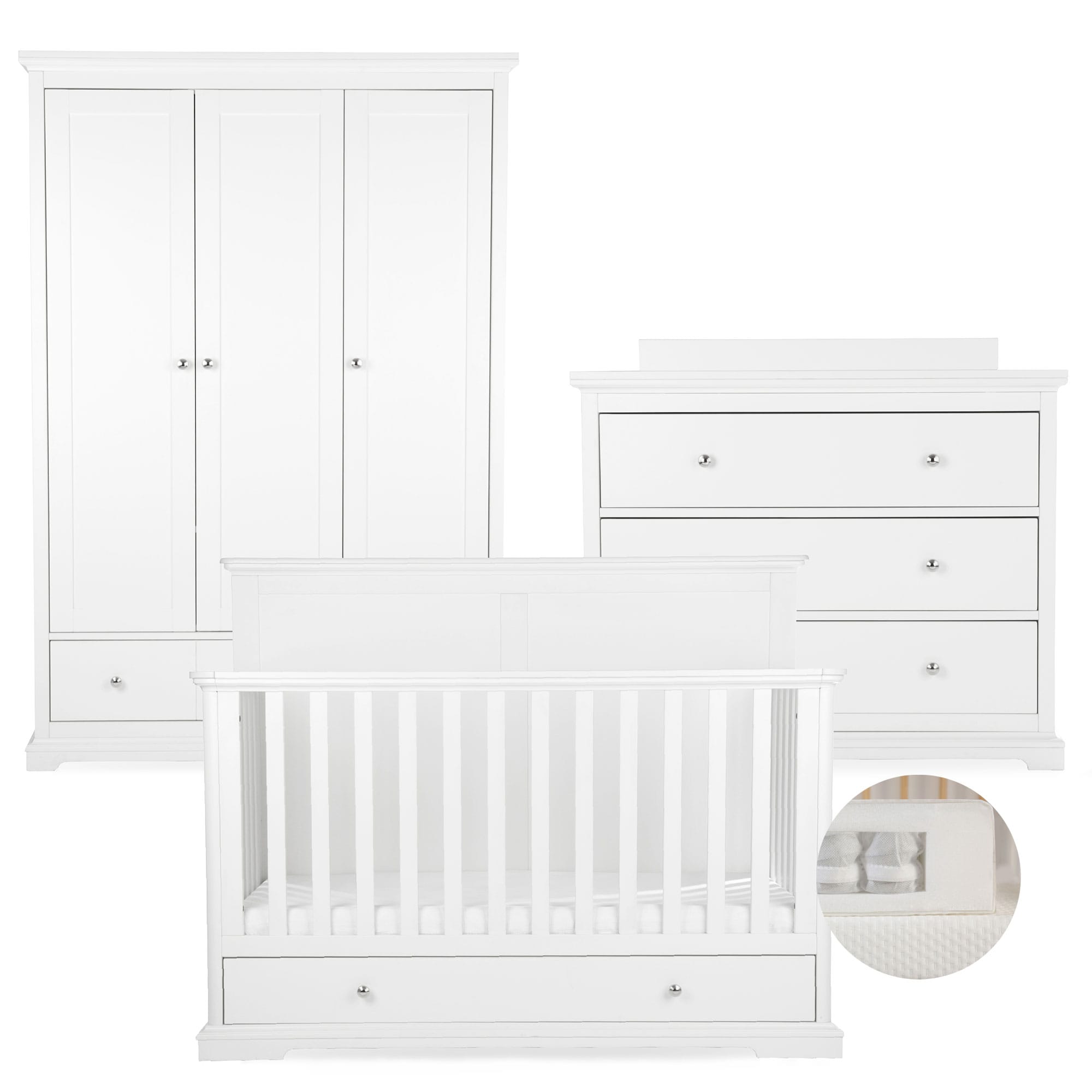 CuddleCo nursery room sets Cuddleco Beaumont 3 Piece Nursery Furniture Set with Grande Cotbed - White FRN/CUD/155180/PS