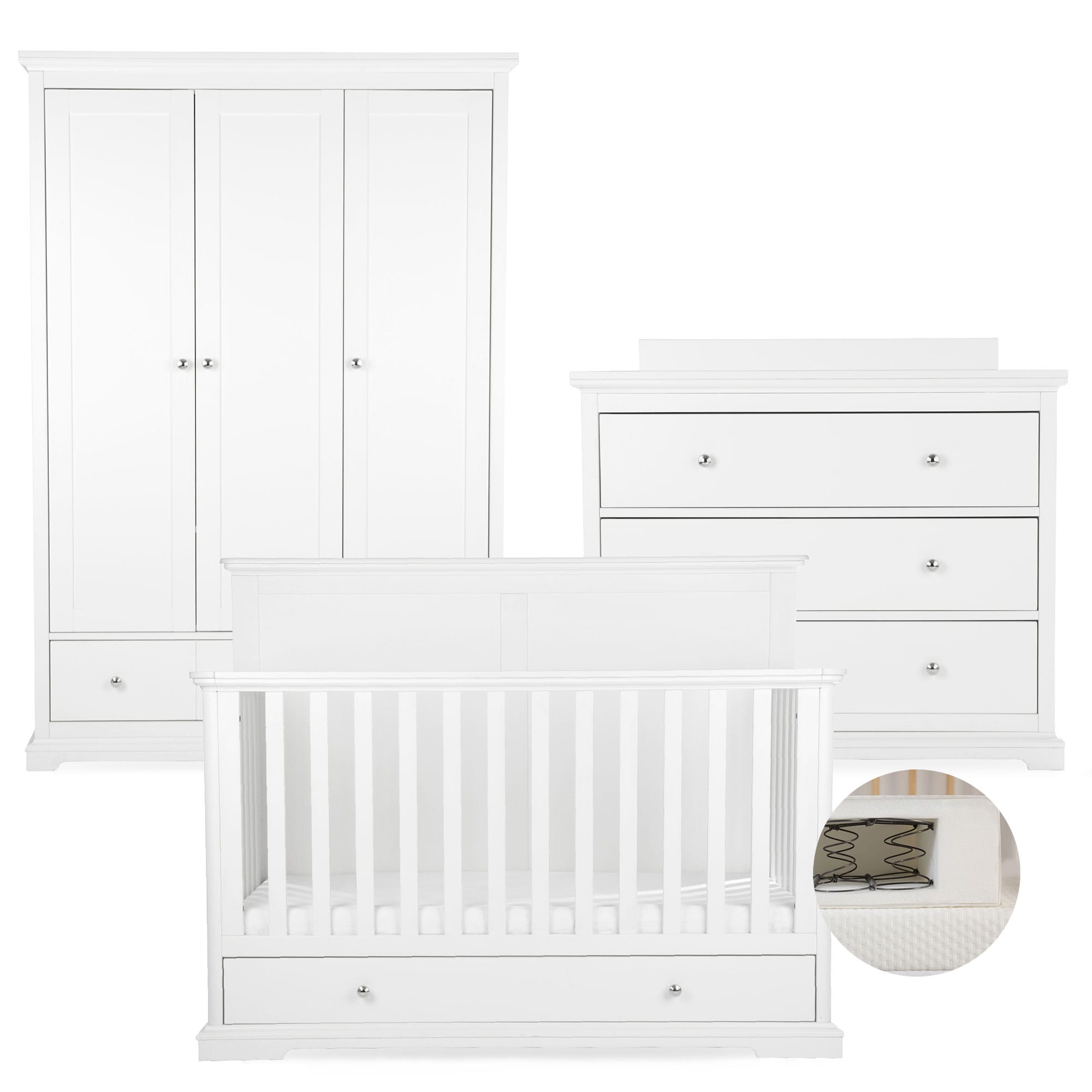 CuddleCo nursery room sets Cuddleco Beaumont 3 Piece Nursery Furniture Set with Grande Cotbed - White FRN/CUD/155180/SM