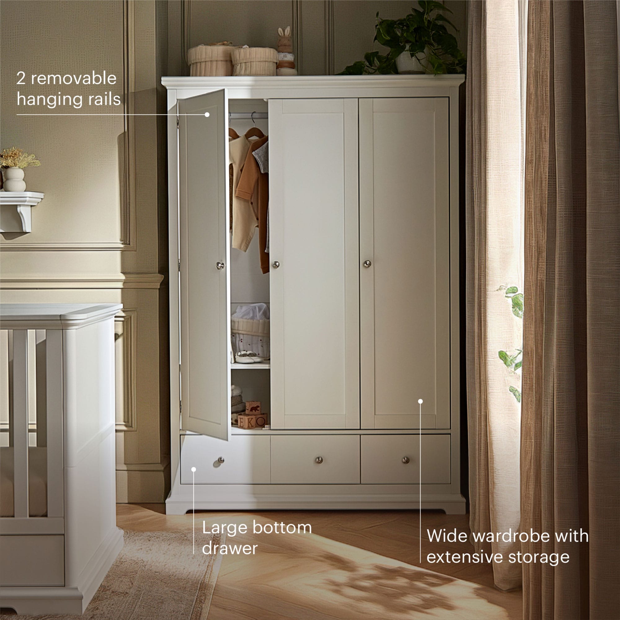 CuddleCo nursery room sets Cuddleco Beaumont 3 Piece Nursery Furniture Set with Low Cotbed - White