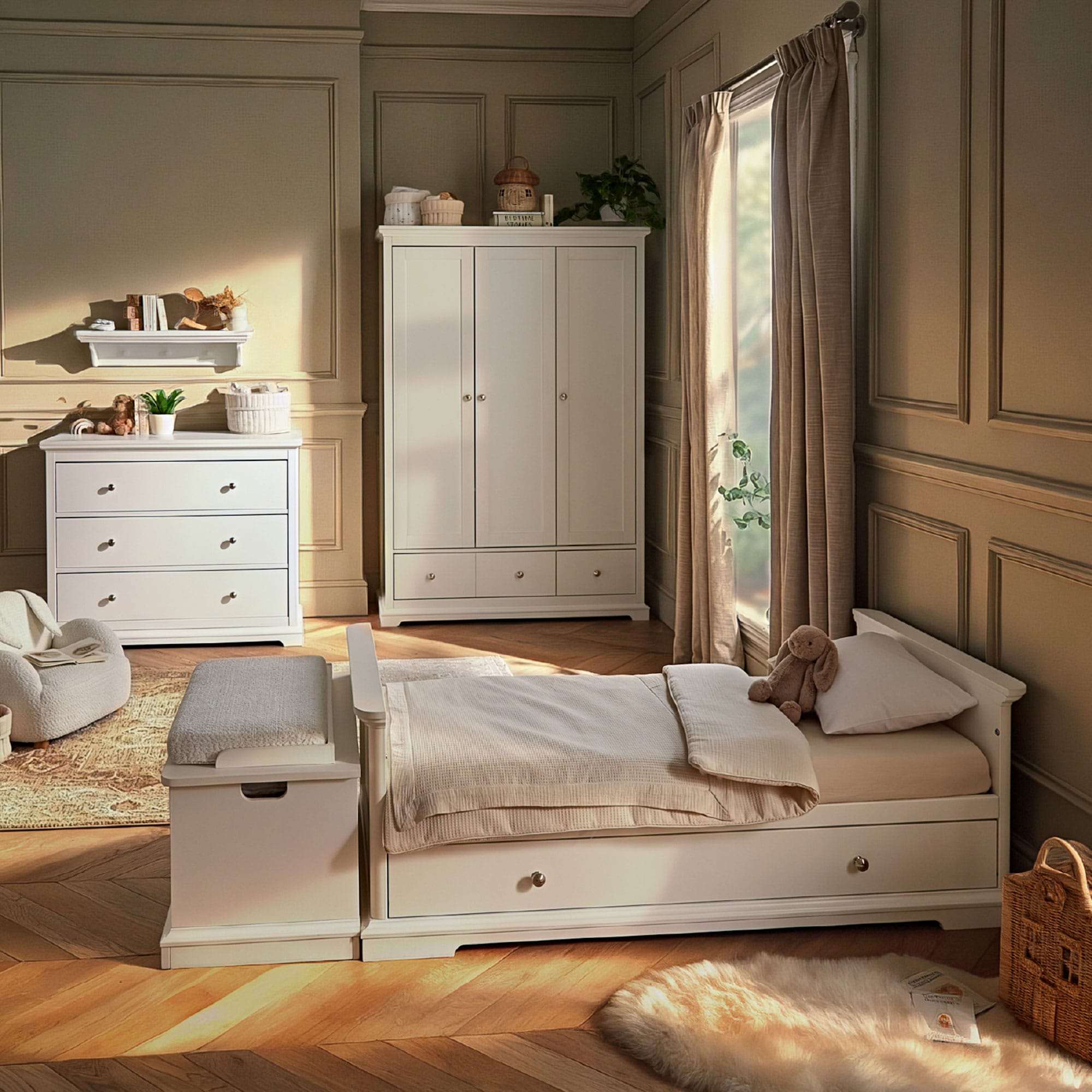 CuddleCo nursery room sets Cuddleco Beaumont 3 Piece Nursery Furniture Set with Low Cotbed - White