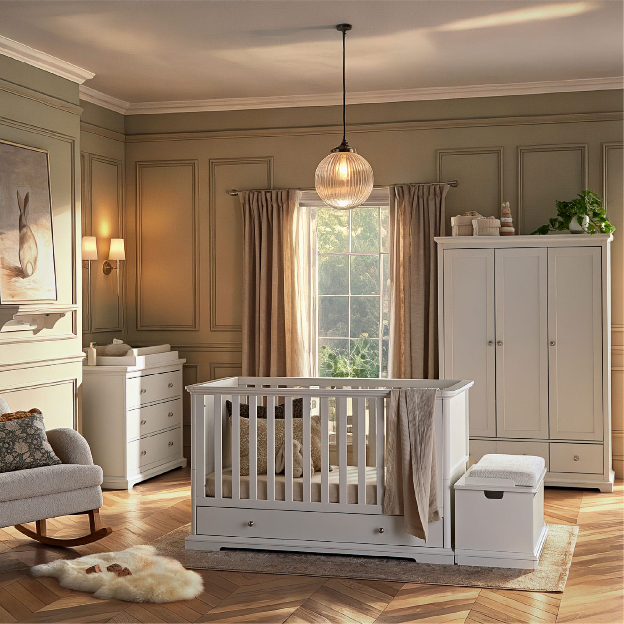 CuddleCo nursery room sets Cuddleco Beaumont 3 Piece Nursery Furniture Set with Low Cotbed - White