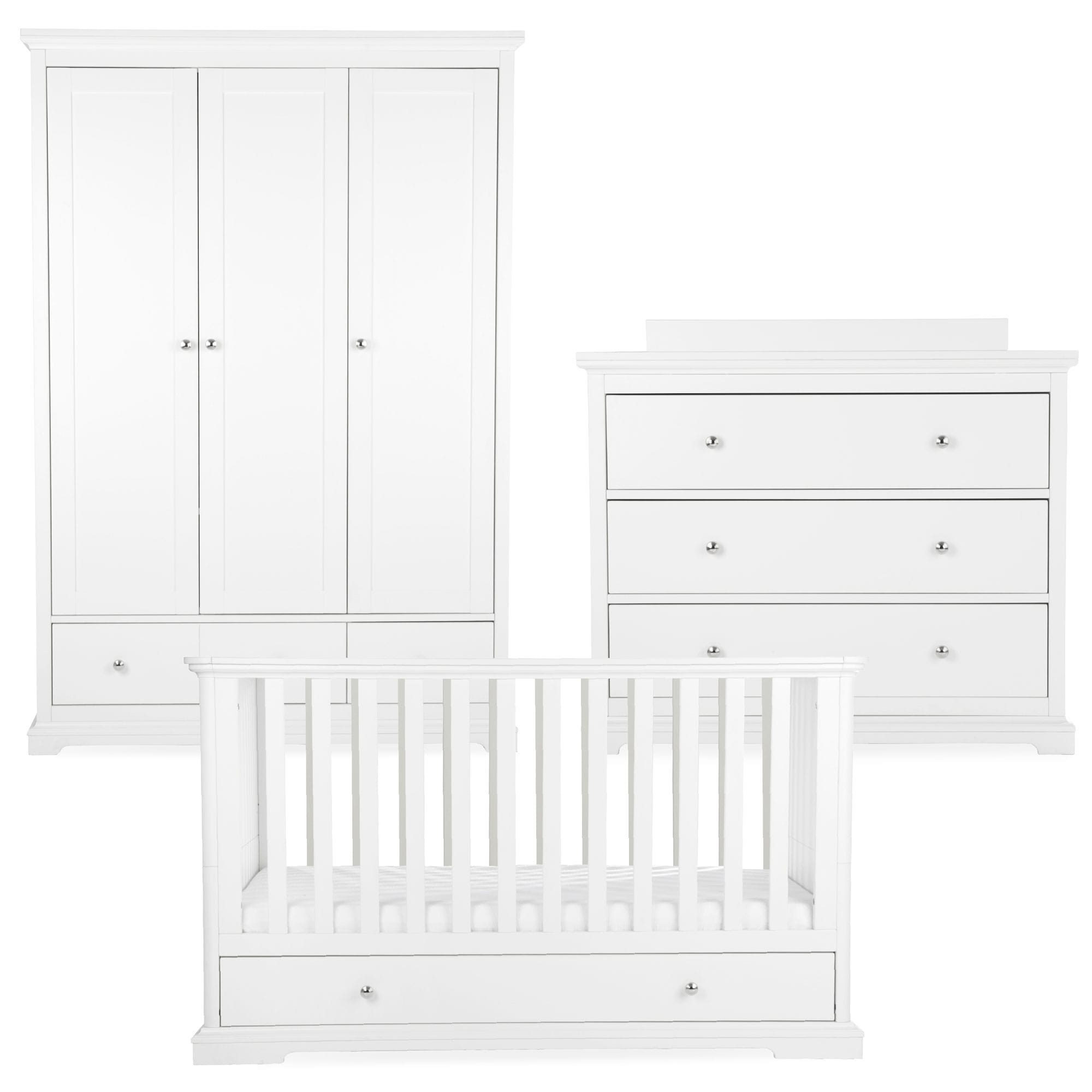 CuddleCo nursery room sets Cuddleco Beaumont 3 Piece Nursery Furniture Set with Low Cotbed - White FRN/CUD/155166