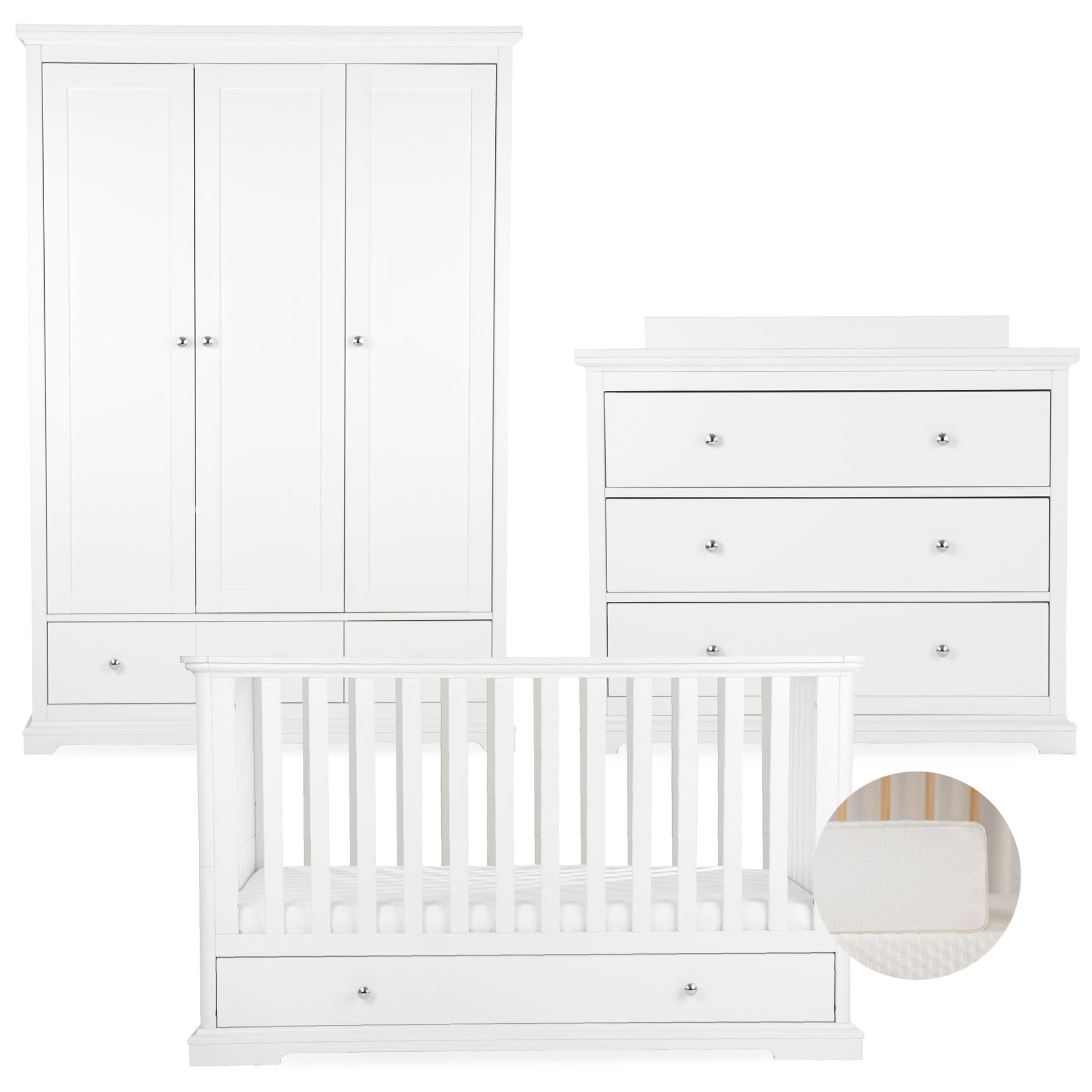 CuddleCo nursery room sets Cuddleco Beaumont 3 Piece Nursery Furniture Set with Low Cotbed - White FRN/CUD/155166/FM