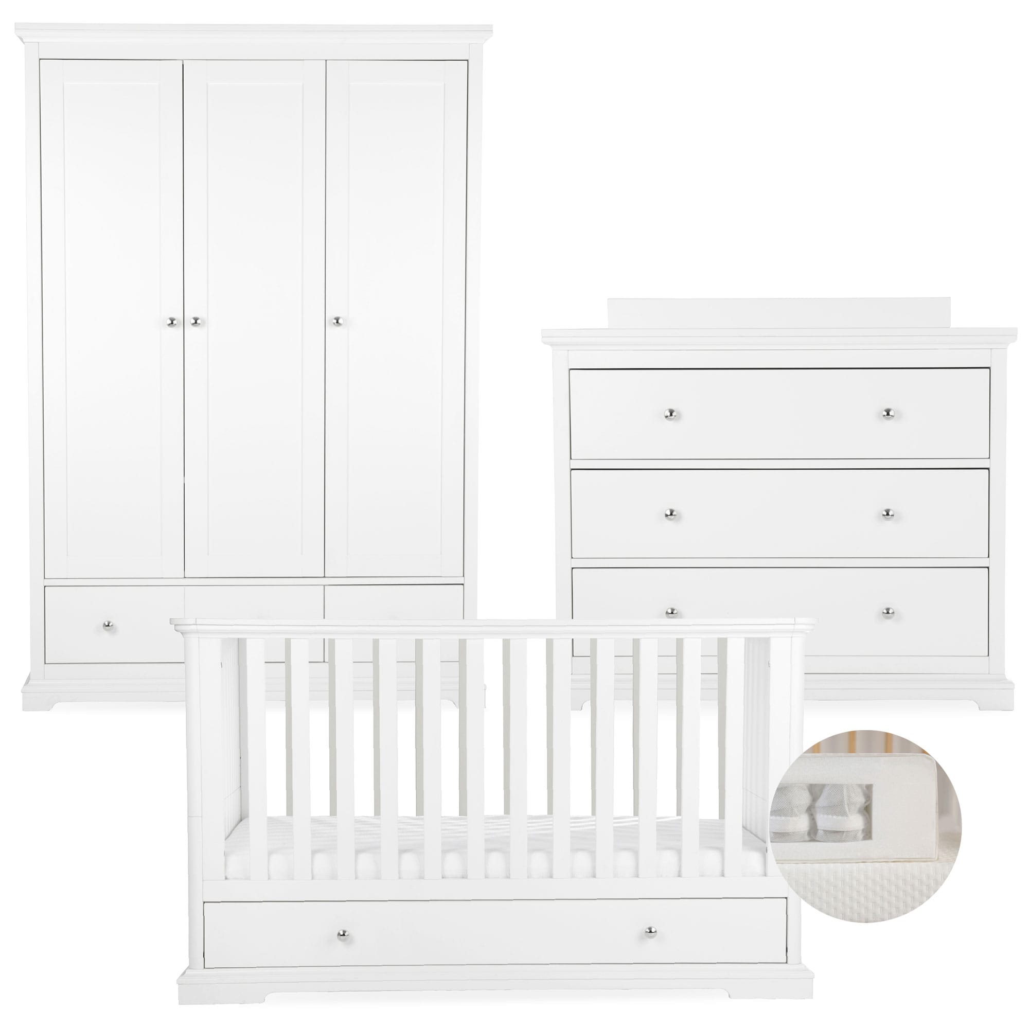 CuddleCo nursery room sets Cuddleco Beaumont 3 Piece Nursery Furniture Set with Low Cotbed - White FRN/CUD/155166/PS