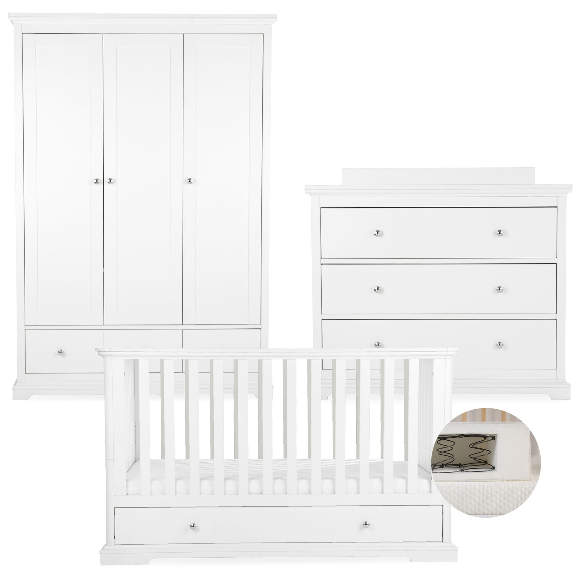 CuddleCo nursery room sets Cuddleco Beaumont 3 Piece Nursery Furniture Set with Low Cotbed - White FRN/CUD/155166/SM