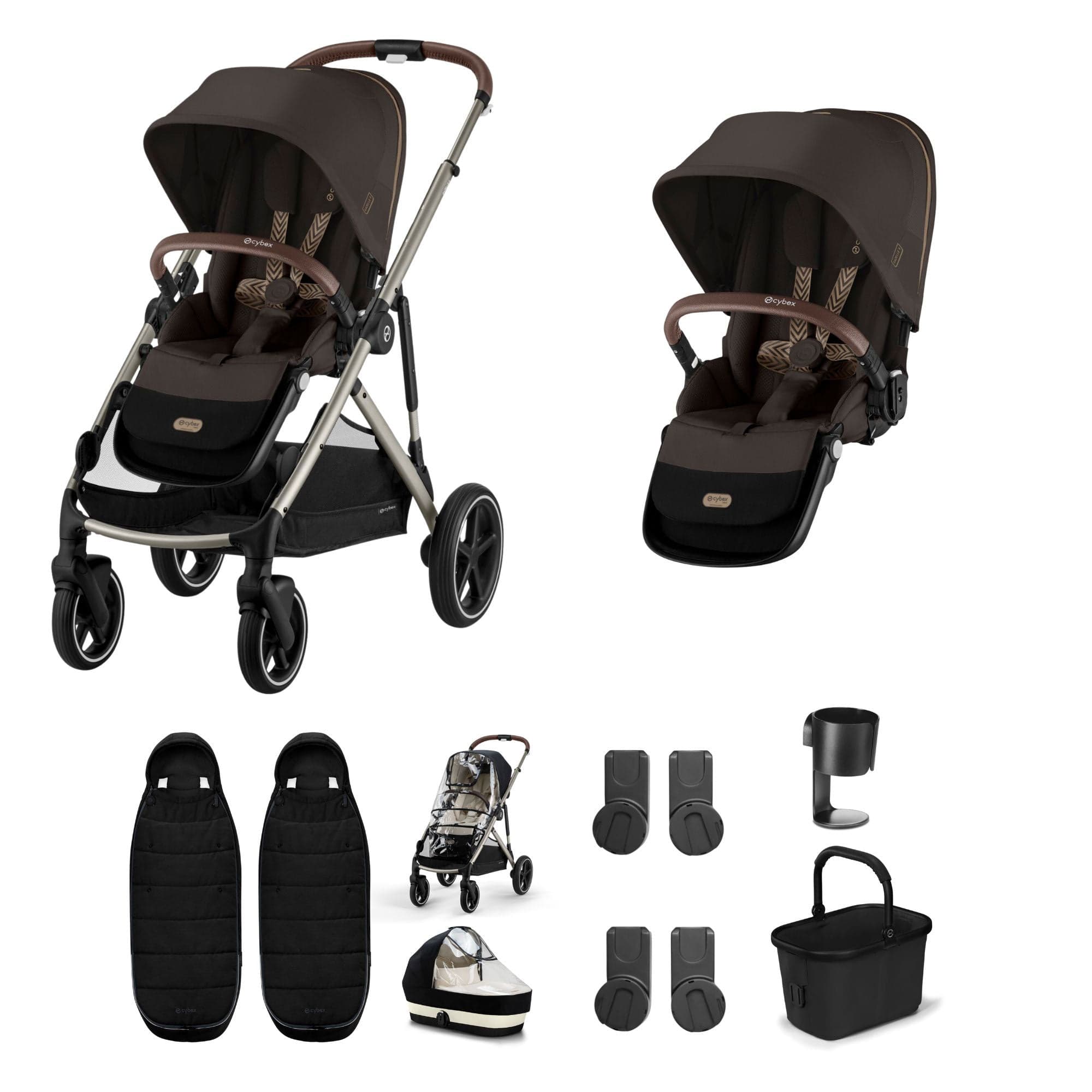 Cybex double buggies Cybex Gazelle S Twin Essential Pushchair Bundle - Chocolate Brown 20367-TWN-ESS-CHO-1