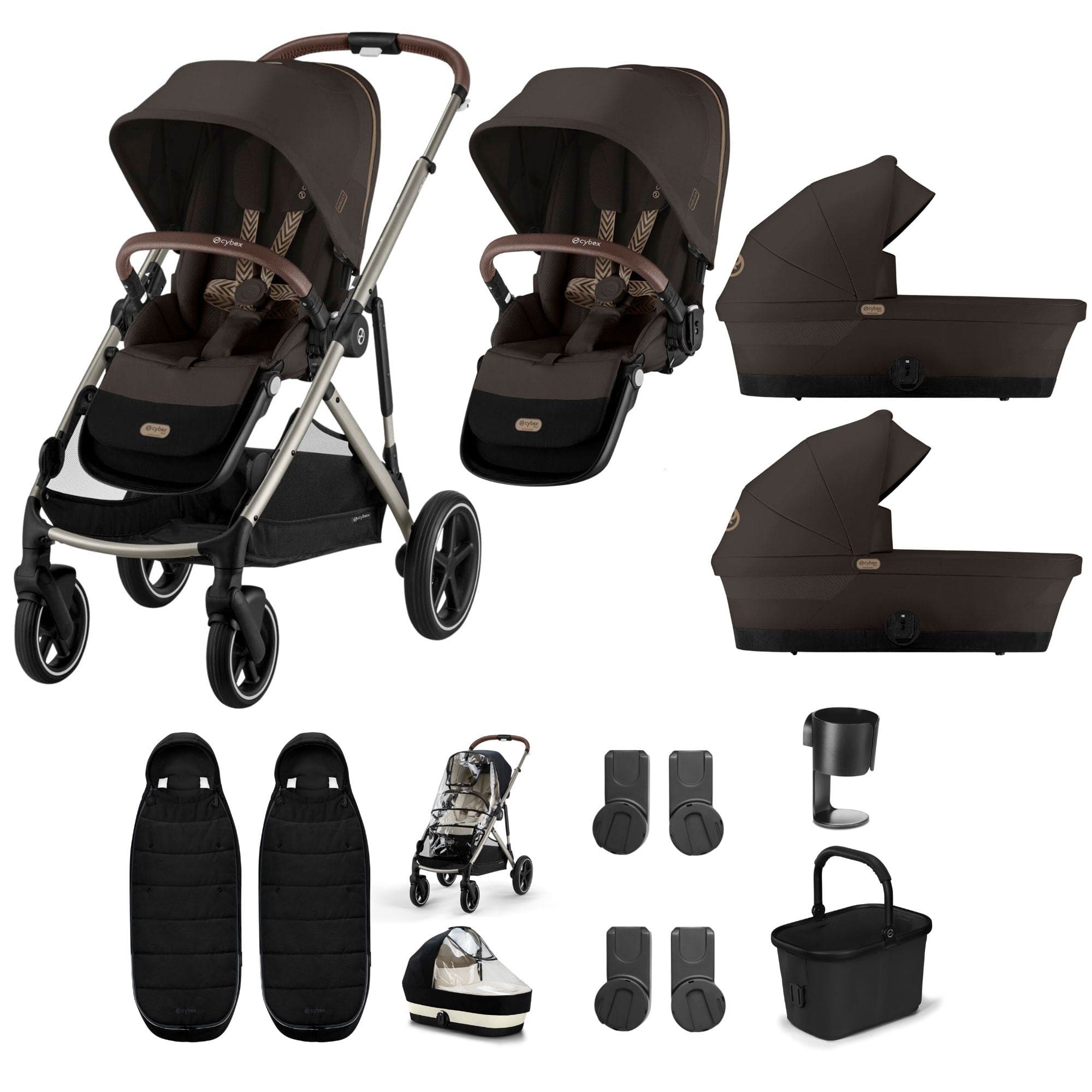 Cybex double buggies Cybex Gazelle S Twin Essential Pushchair Bundle - Chocolate Brown 20369-TWN-ESS-CHO-2