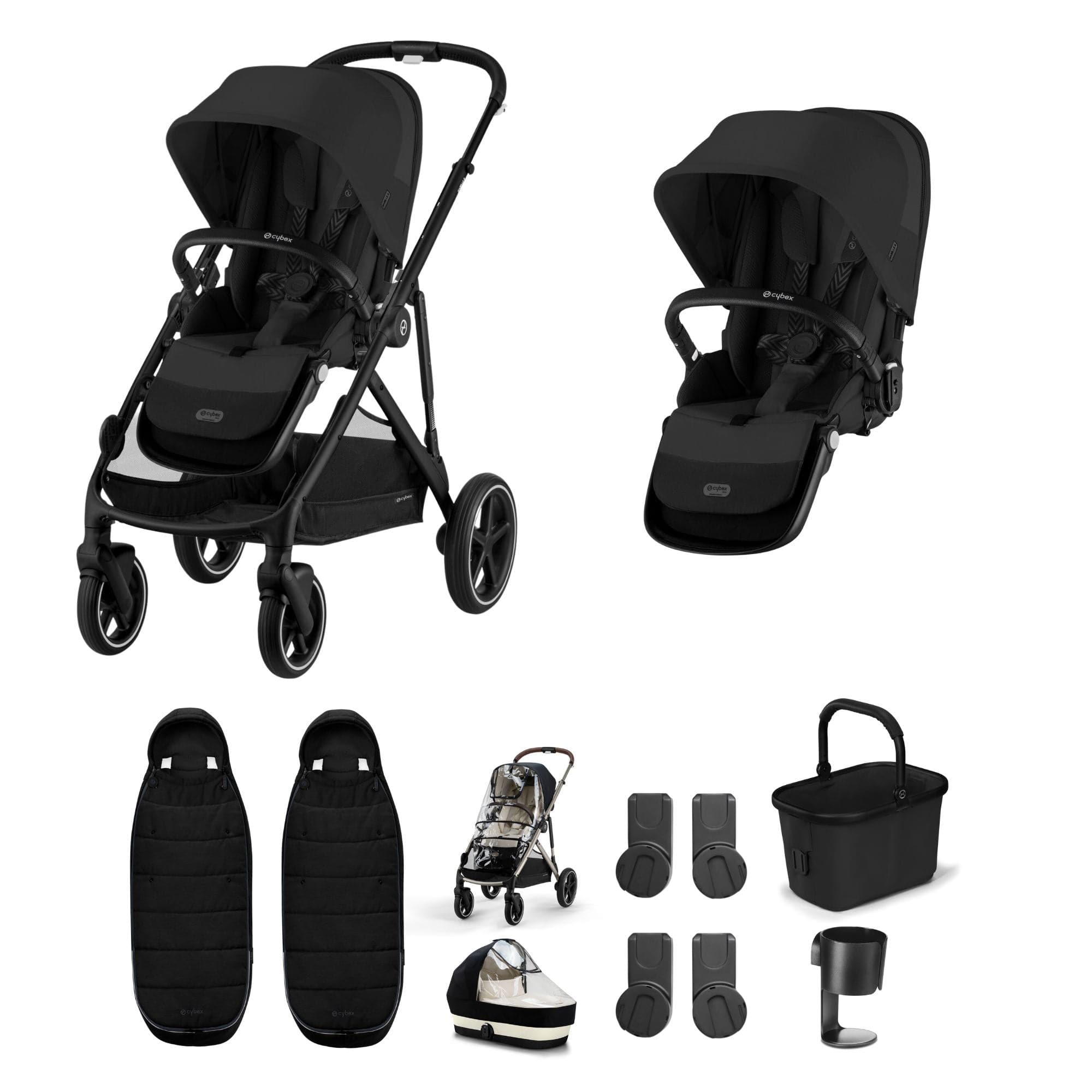 Cybex double buggies Cybex Gazelle S Twin Essential Pushchair Bundle - Moon Black 20367-TWN-ESS-BLK-1