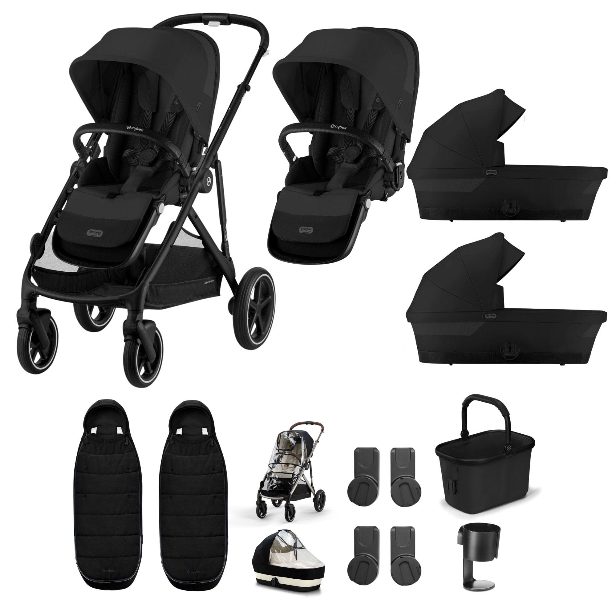 Cybex double buggies Cybex Gazelle S Twin Essential Pushchair Bundle - Moon Black 20369-TWN-ESS-BLK-2