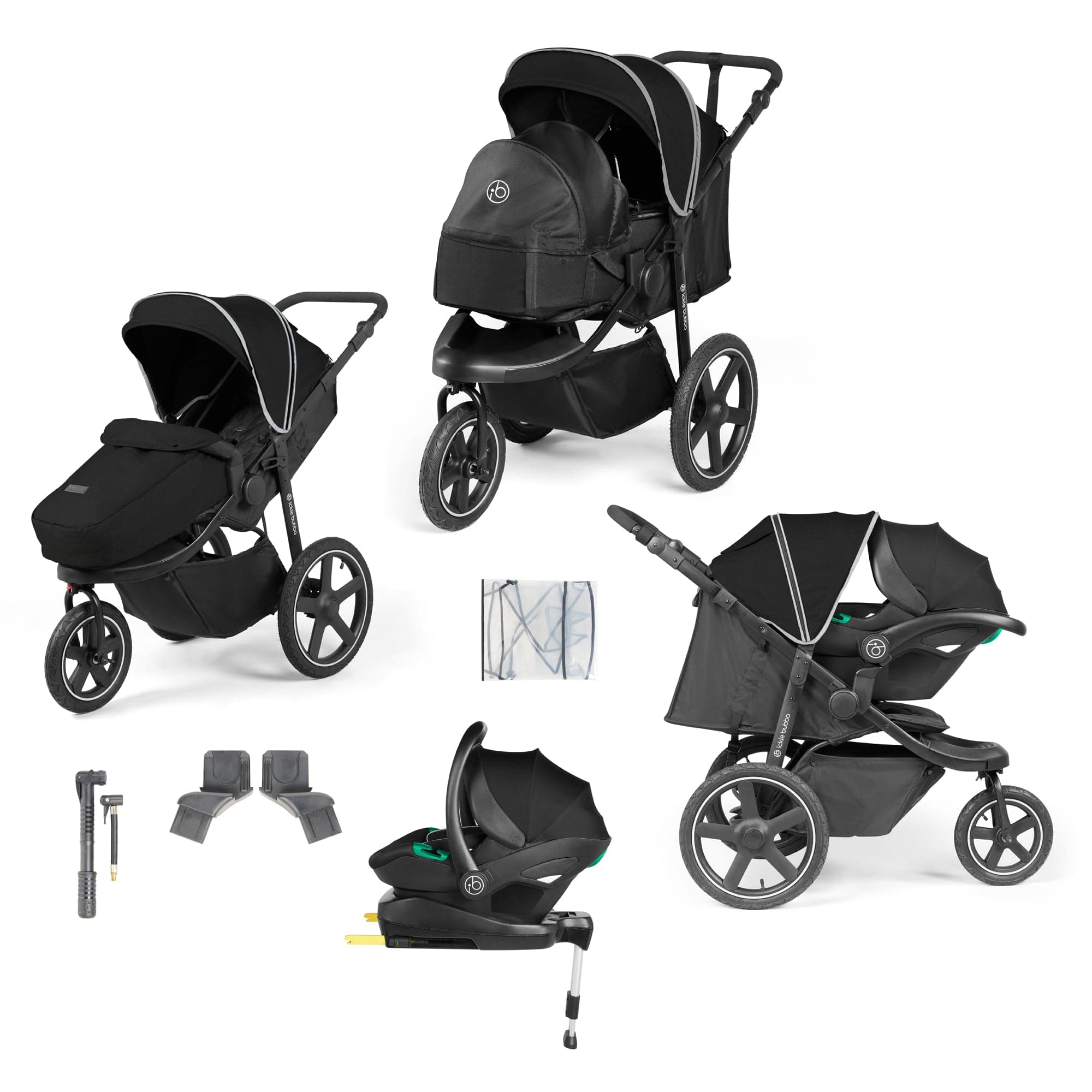 Ickle Bubba 3 wheel pushchairs Ickle Bubba Venus Prime Jogger Stroller I-Size Travel System - Black/Black with Base 13-004-600-001