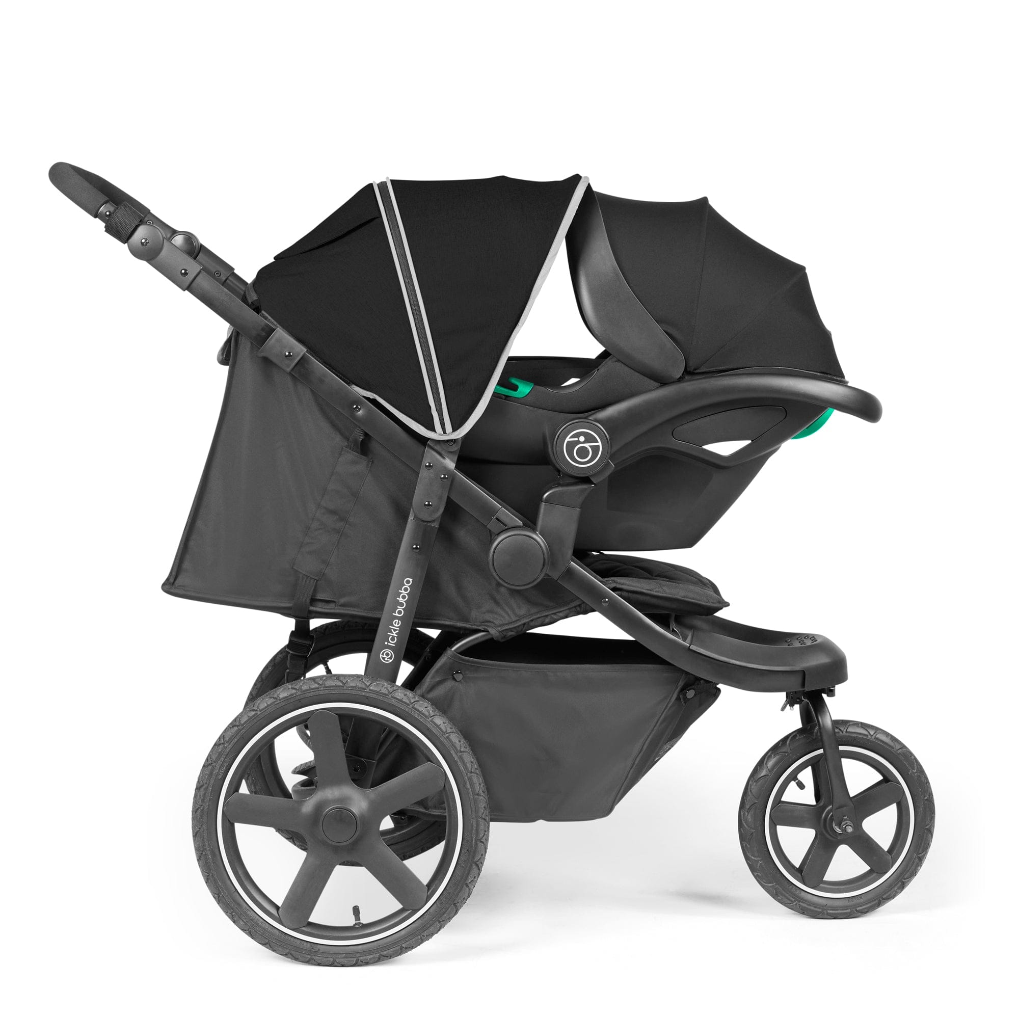 Ickle Bubba 3 wheel pushchairs Ickle Bubba Venus Prime Jogger Stroller I-Size Travel System - Black/Black with Base 13-004-600-001