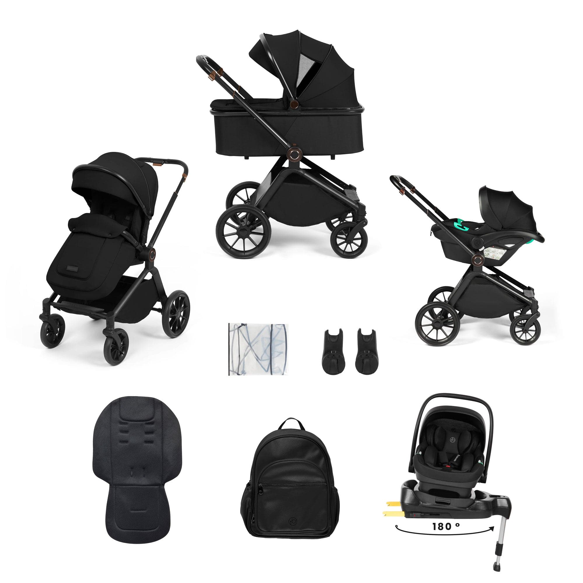 Ickle Bubba travel systems Ickle Bubba Altima 12 Piece Travel System with i-Size Nimbus Car Seat & Spin Isofix Base - Black 10-012-330-001