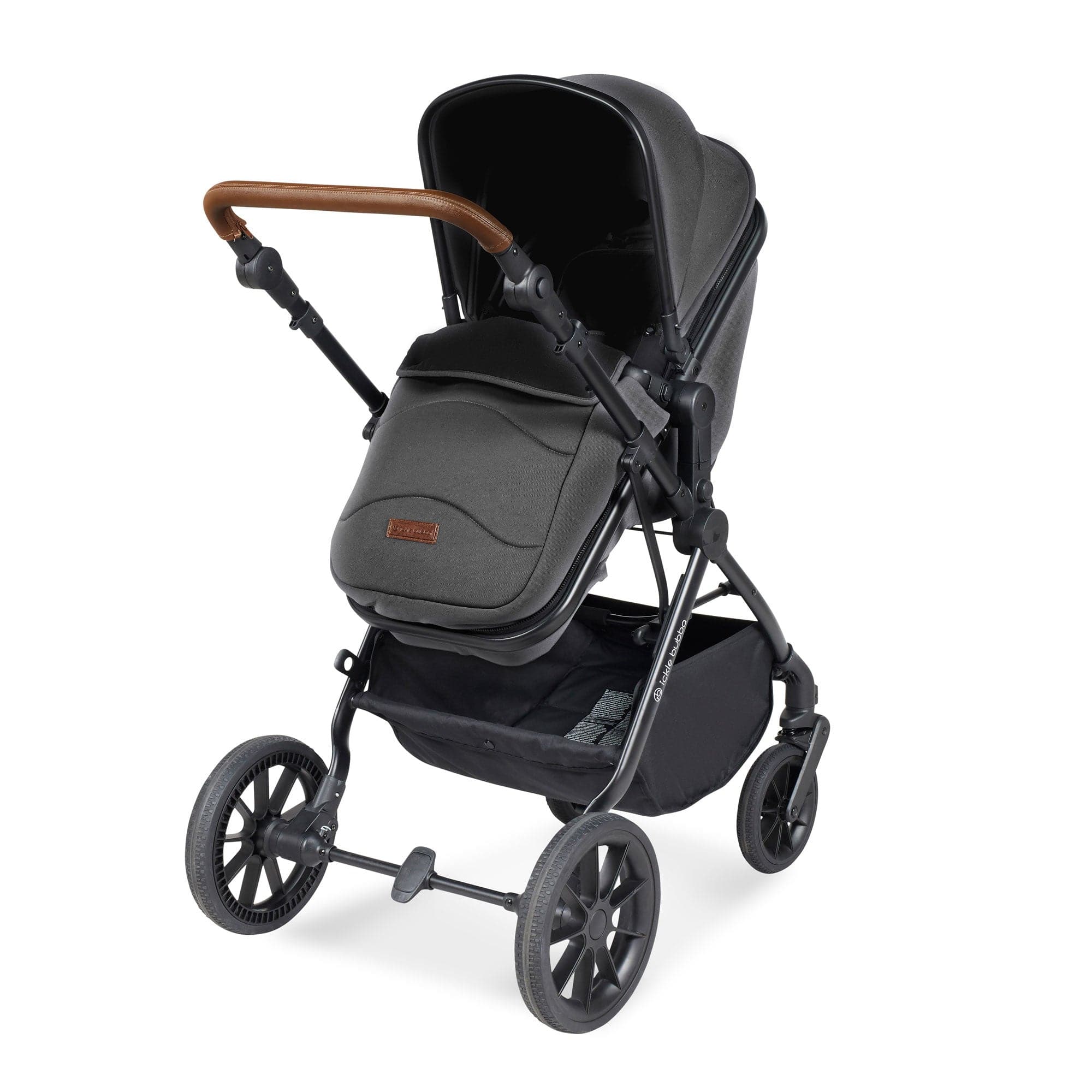 Ickle Bubba travel systems Ickle Bubba Cosmo 9-Piece Travel System with i-Size Nimbus Car Seat & Spin Isofix Base - Black / Graphite Grey / Tan 10-007-330-007