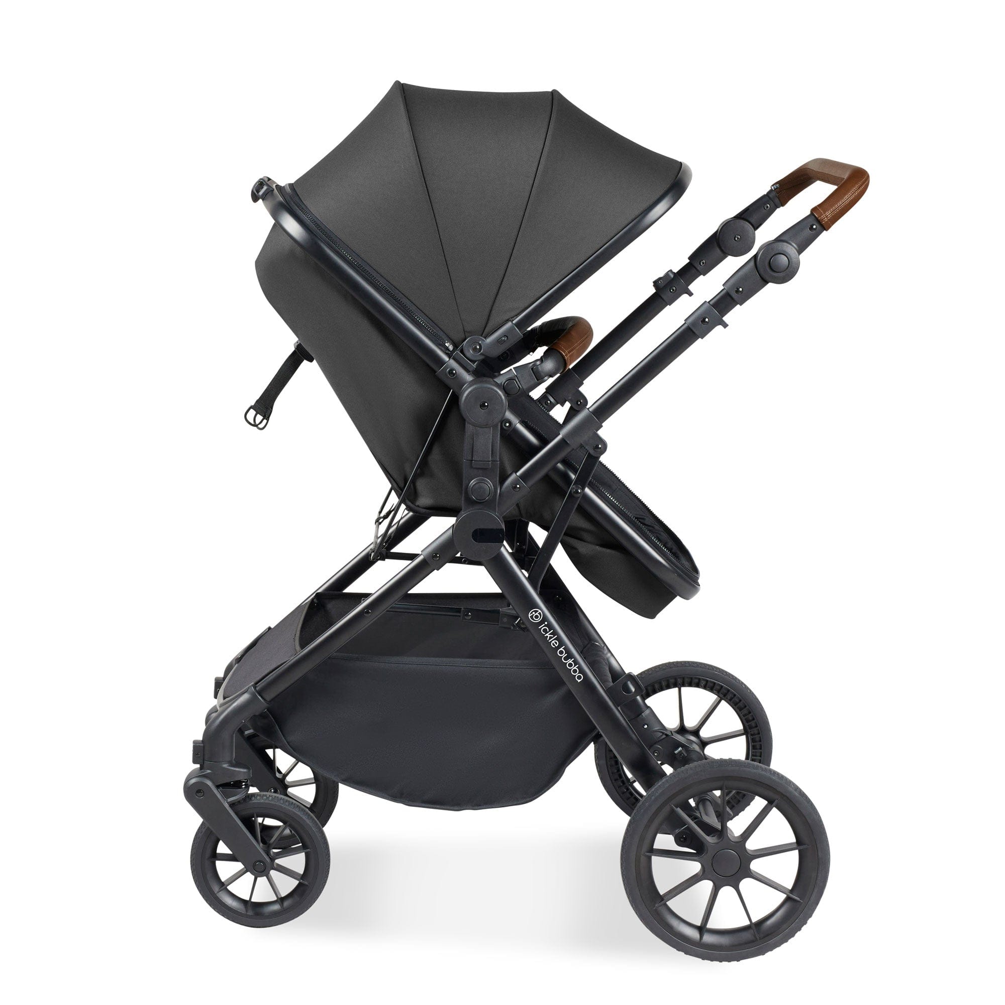 Ickle Bubba travel systems Ickle Bubba Cosmo 9-Piece Travel System with i-Size Nimbus Car Seat & Spin Isofix Base - Black / Graphite Grey / Tan 10-007-330-007