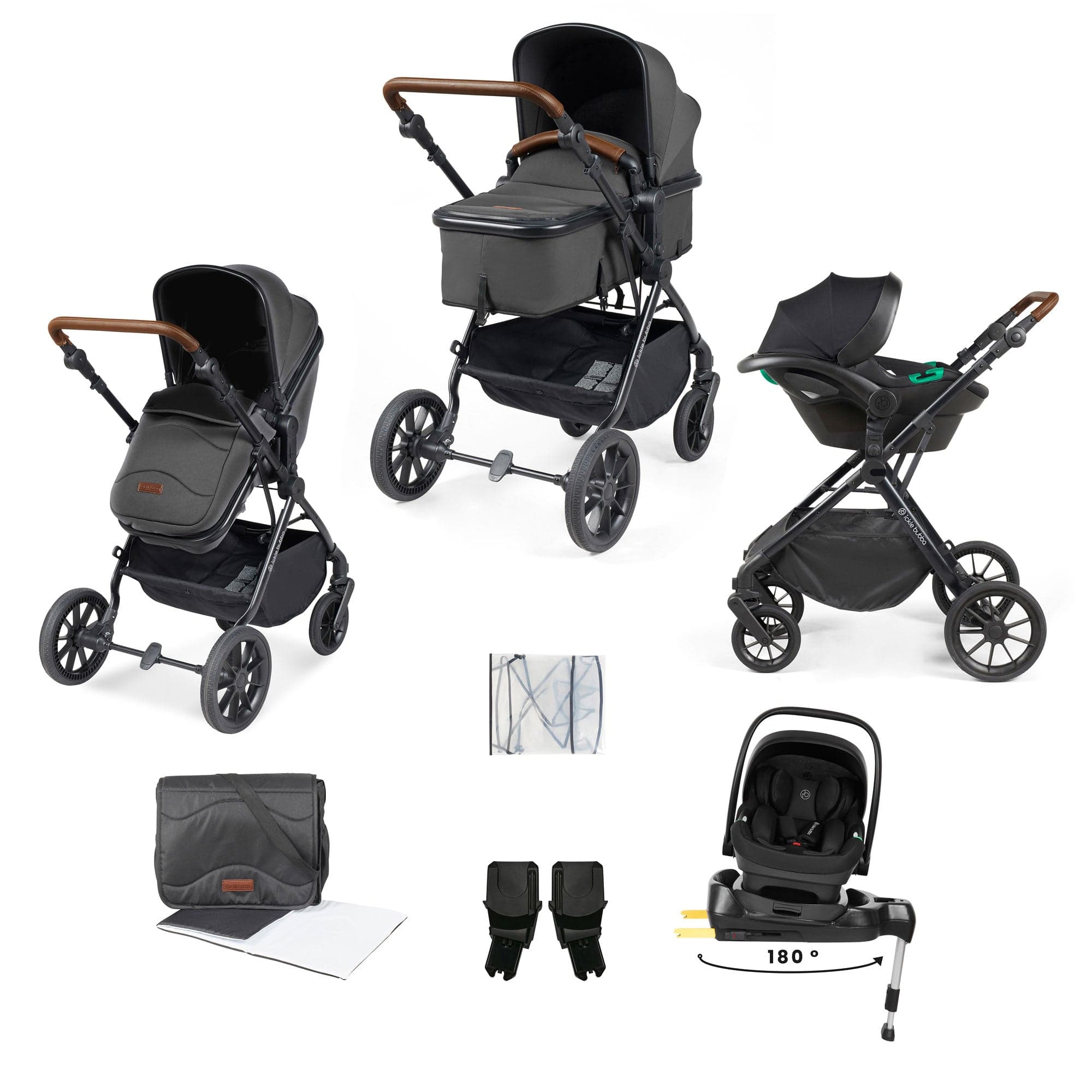 Ickle Bubba travel systems Ickle Bubba Cosmo 9-Piece Travel System with i-Size Nimbus Car Seat & Spin Isofix Base - Black / Graphite Grey / Tan 10-007-330-007