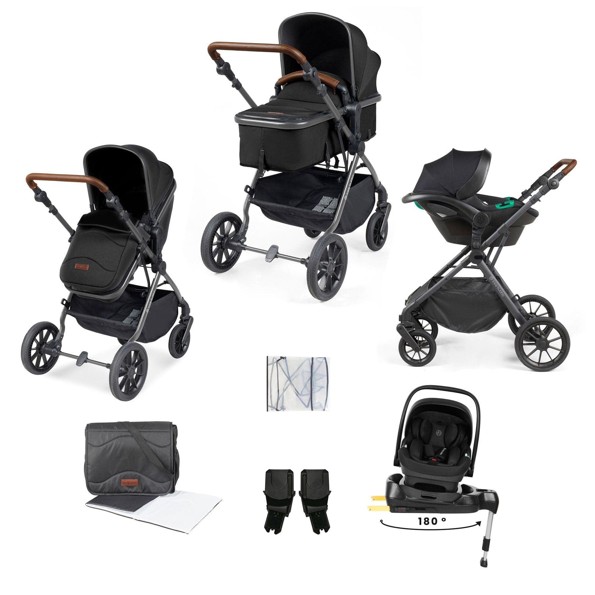 Ickle Bubba travel systems Ickle Bubba Cosmo 9-Piece Travel System with i-Size Nimbus Car Seat & Spin Isofix Base - Gunmetal / Black / Tan 10-007-330-135