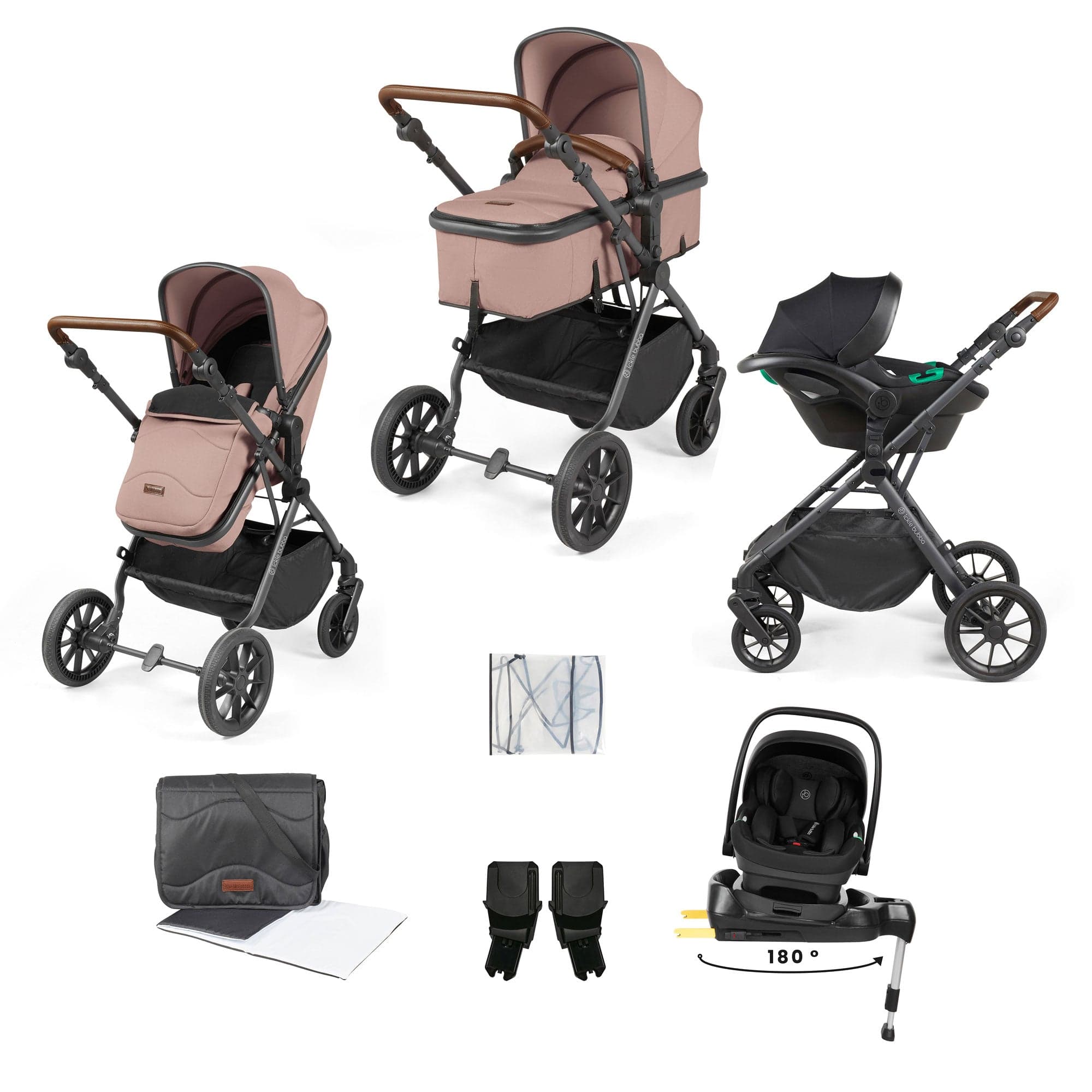 Ickle Bubba travel systems Ickle Bubba Cosmo 9-Piece Travel System with i-Size Nimbus Car Seat & Spin Isofix Base - Gunmetal / Desert / Tan 10-007-330-136