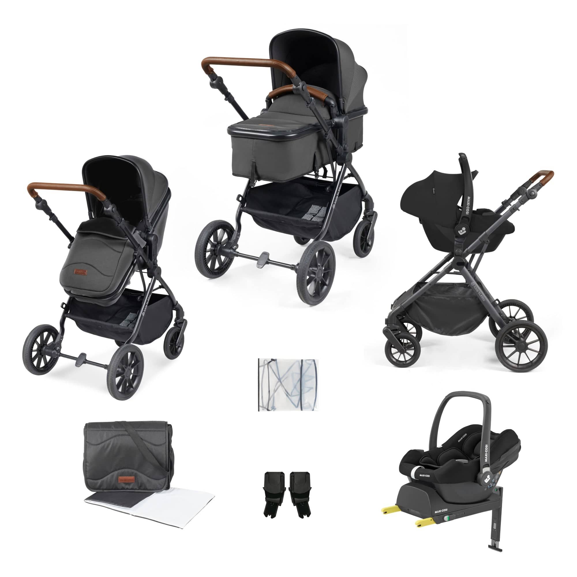 Ickle Bubba travel systems Ickle Bubba Cosmo 9-Piece Travel System with Maxi-Cosi Cabriofix Car Seat & Isofix Base - Black / Graphite Grey / Tan 10-007-360-007
