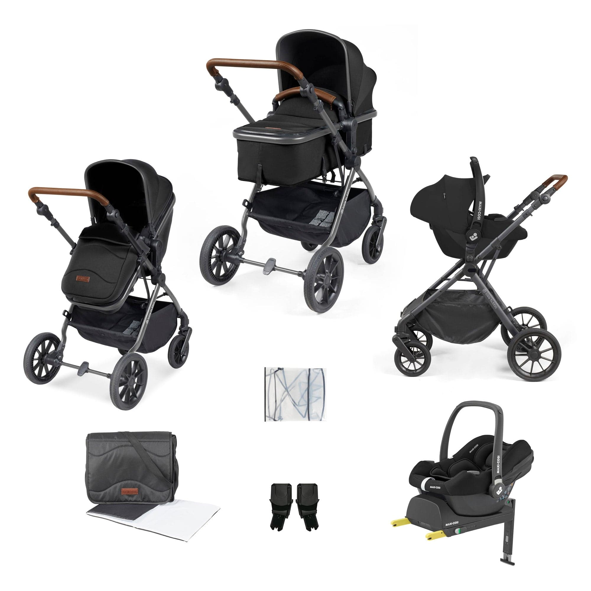 Ickle Bubba travel systems Ickle Bubba Cosmo 9-Piece Travel System with Maxi-Cosi Cabriofix Car Seat & Isofix Base - Gunmetal / Black / Tan 10-007-360-135