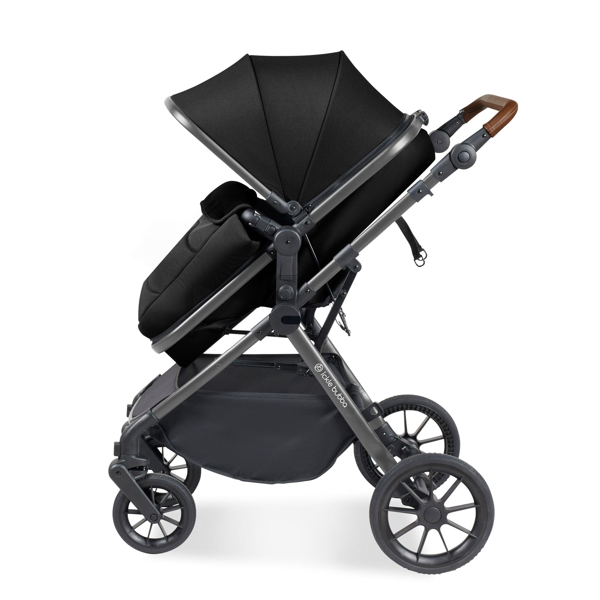 Ickle Bubba travel systems Ickle Bubba Cosmo 9-Piece Travel System with Maxi-Cosi Cabriofix Car Seat & Isofix Base - Gunmetal / Black / Tan 10-007-360-135