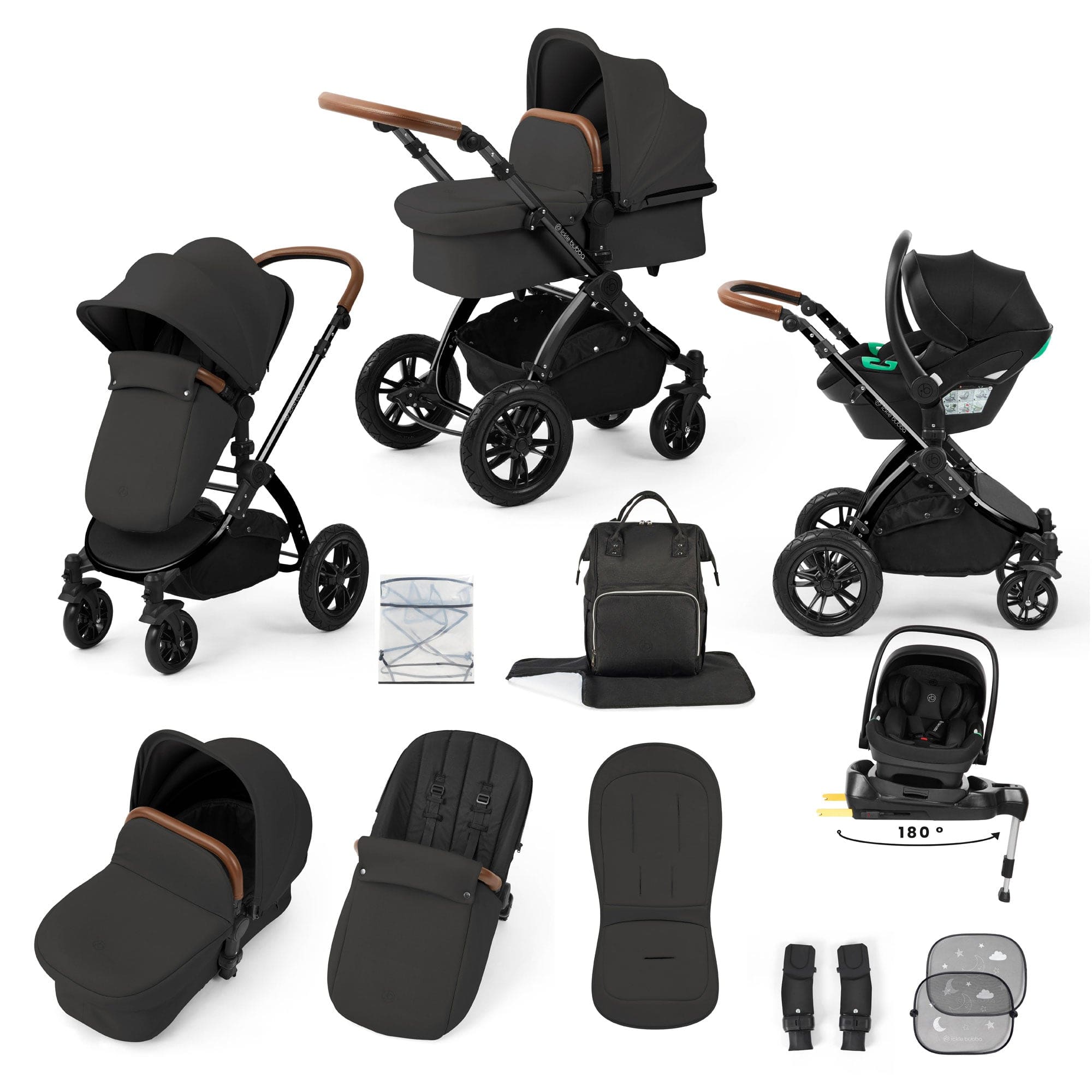 Ickle Bubba travel systems Ickle Bubba Stomp Luxe 12 Piece Travel System with i-Size Nimbus Car Seat & Spin Isofix Base - Charcoal Grey